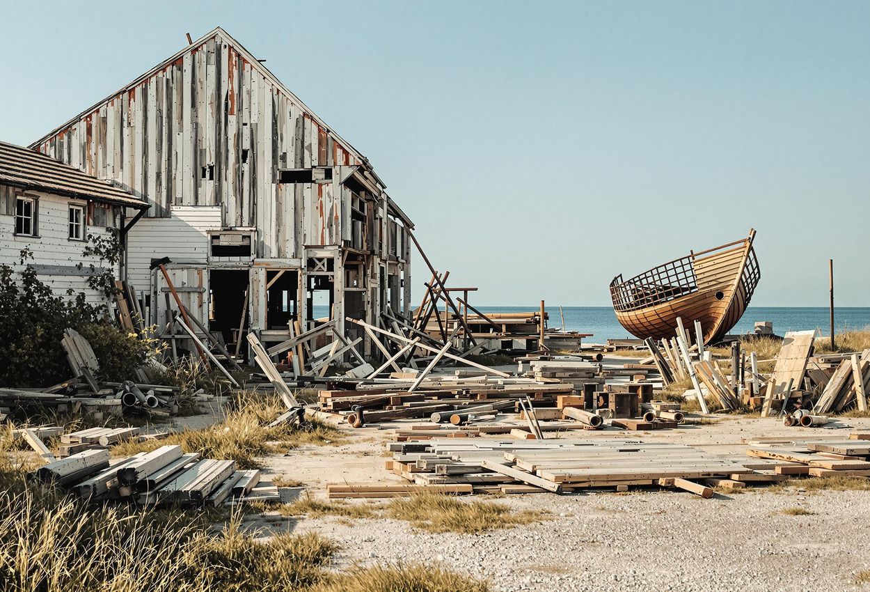 A serene landscape photograph captures the remnants of a historic shipyard on Fanø Island, Denmark, showcasing the island