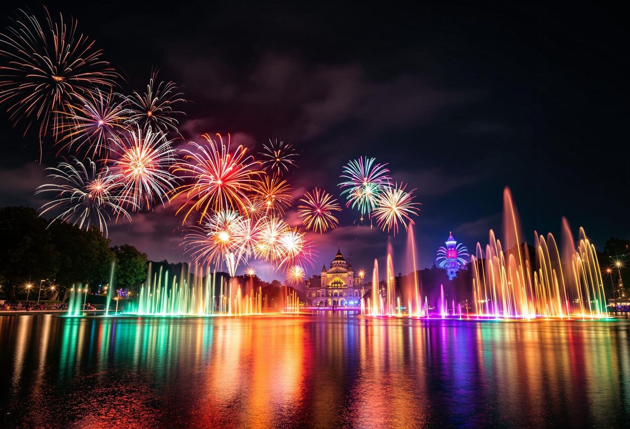 A long exposure photograph capturing the vibrant Tivoli Illuminations show over the lake in Copenhagen, Denmark. Fireworks and illuminated fountains create a mesmerizing display of light and color.