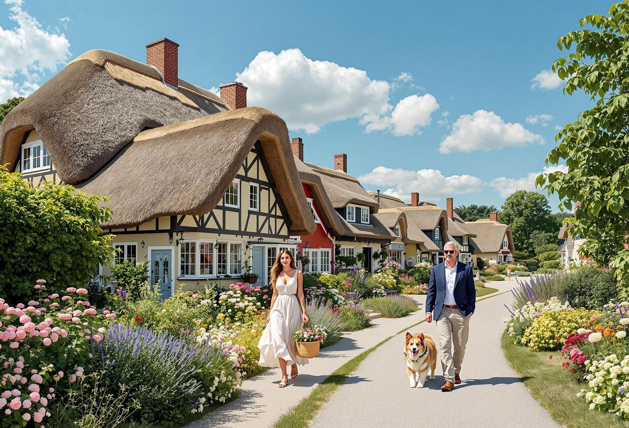 A captivating photograph of Sønderho village on Fanø Island, Denmark, showcasing its iconic thatch-roofed cottages, vibrant gardens, and the leisurely pace of village life.