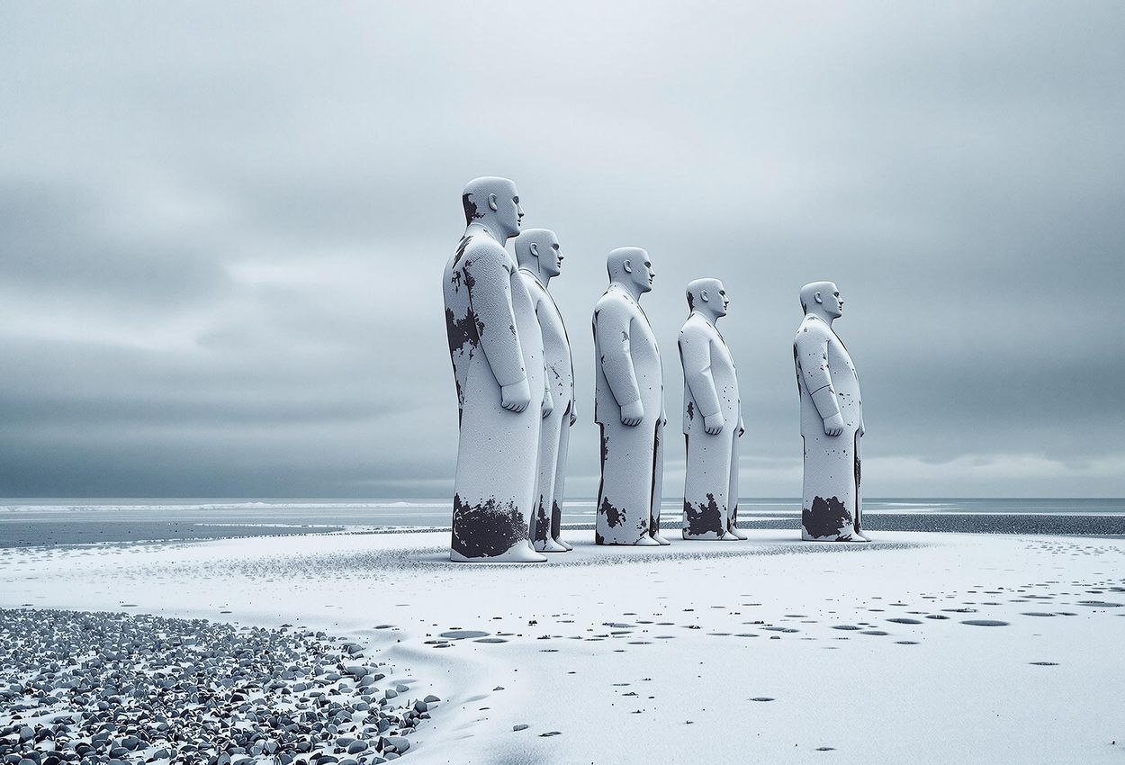 A landscape photograph of the Man Meets the Sea sculpture on Sædding Beach in winter. The four white figures stand against a grey North Sea and cloudy sky, dusted with snow.