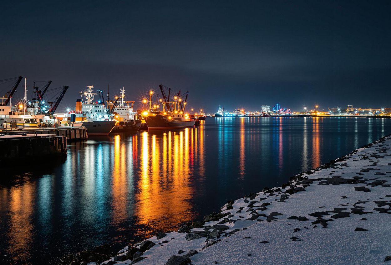 A nighttime photograph of Esbjerg harbor in winter, showcasing the reflections of city lights on the calm water and docked ships.