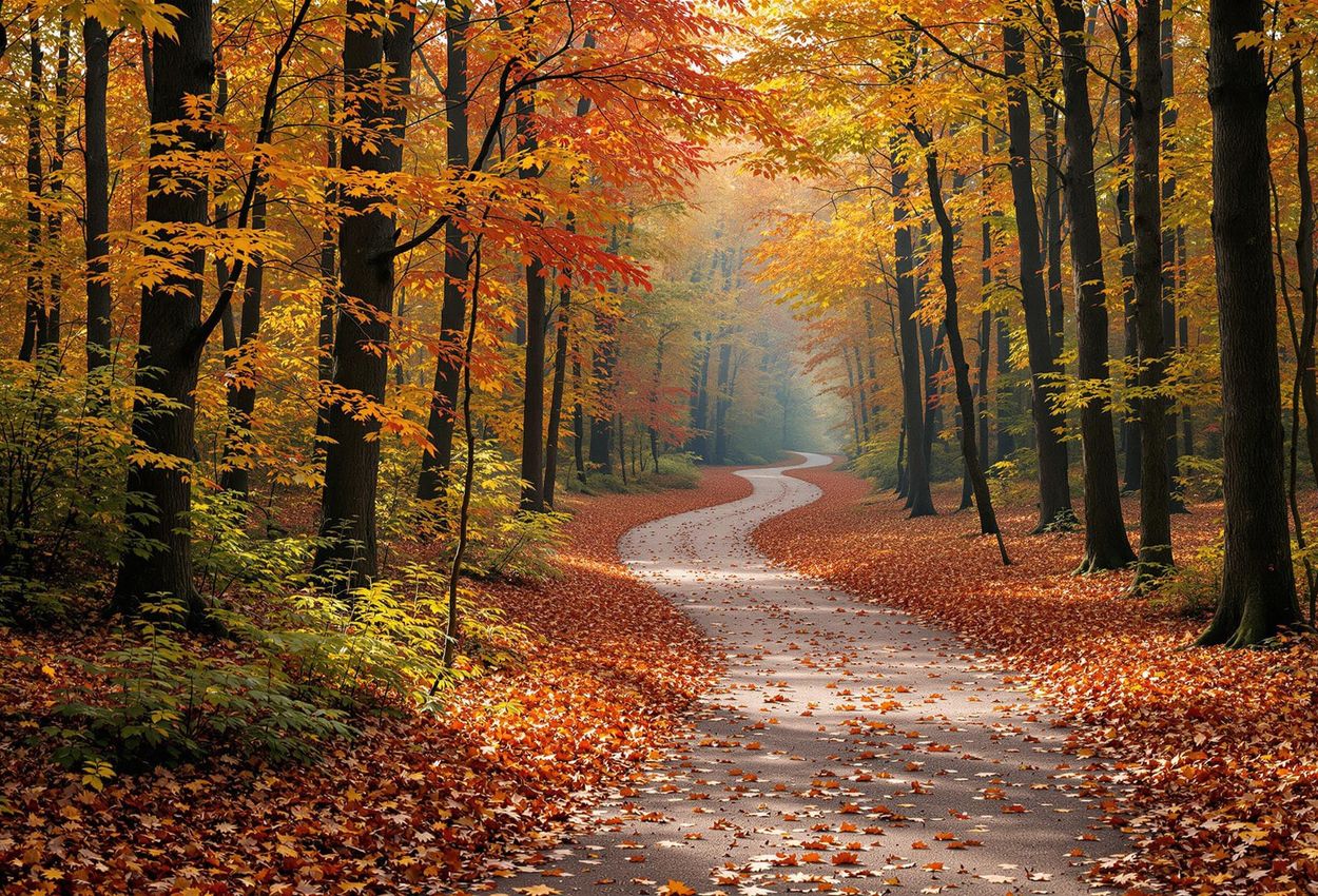 A photograph capturing a serene forest path winding through Rold Skov in Denmark during autumn, with vibrant foliage in shades of red, orange, and gold.