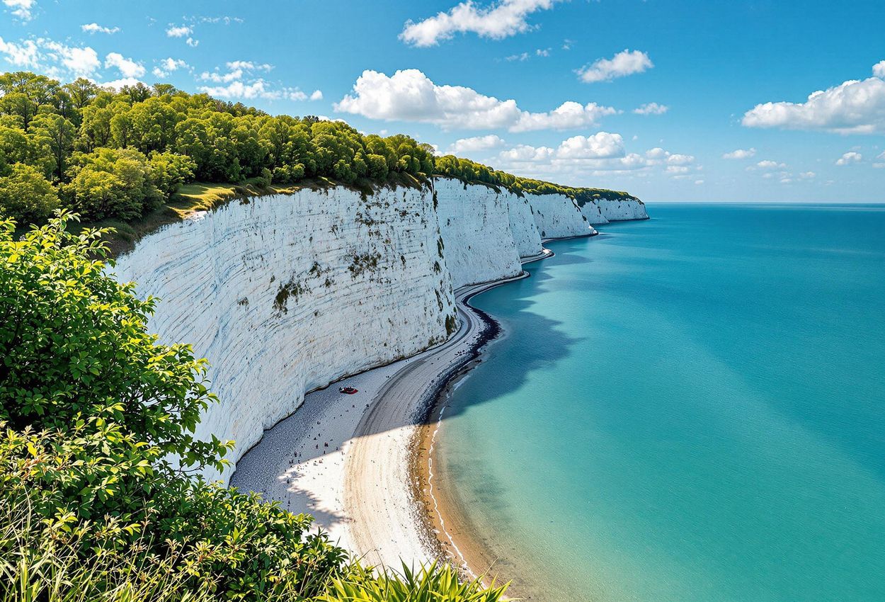 A stunning landscape photograph of Møns Klint in Denmark, showcasing the majestic chalk cliffs meeting the turquoise Baltic Sea under a clear blue sky.