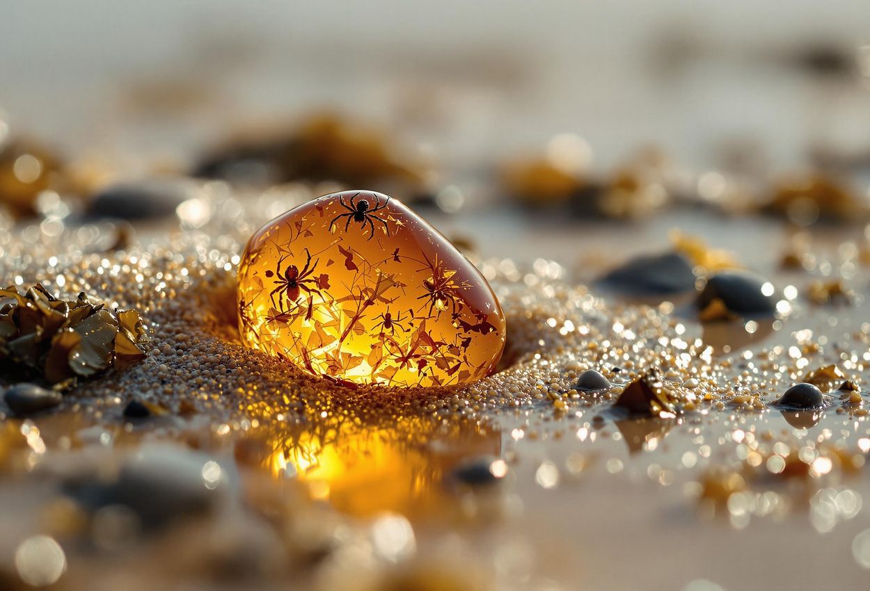 A close-up photograph of a piece of Baltic amber found on a beach near Esbjerg, Denmark. The image highlights the amber