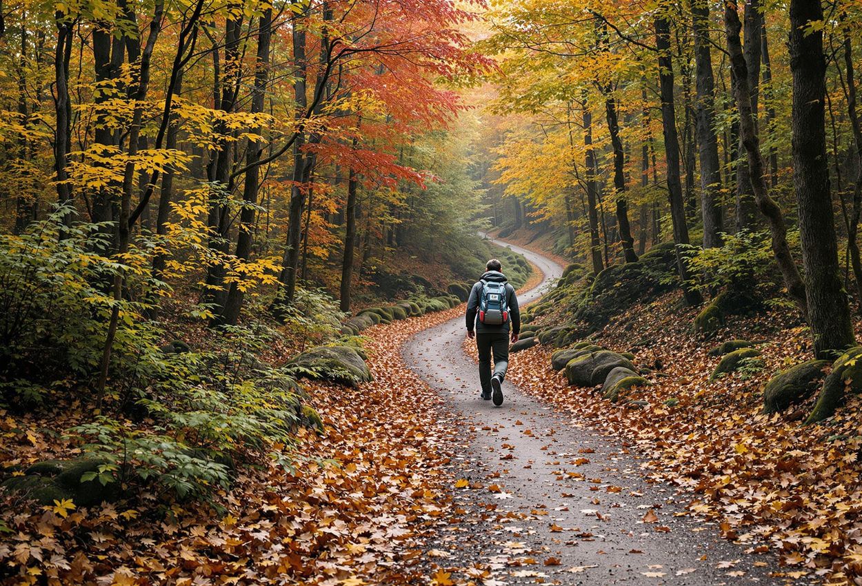A scenic photograph capturing a hiker on a colorful autumn trail within Rold Skov, Denmark, evoking a sense of adventure and natural beauty.