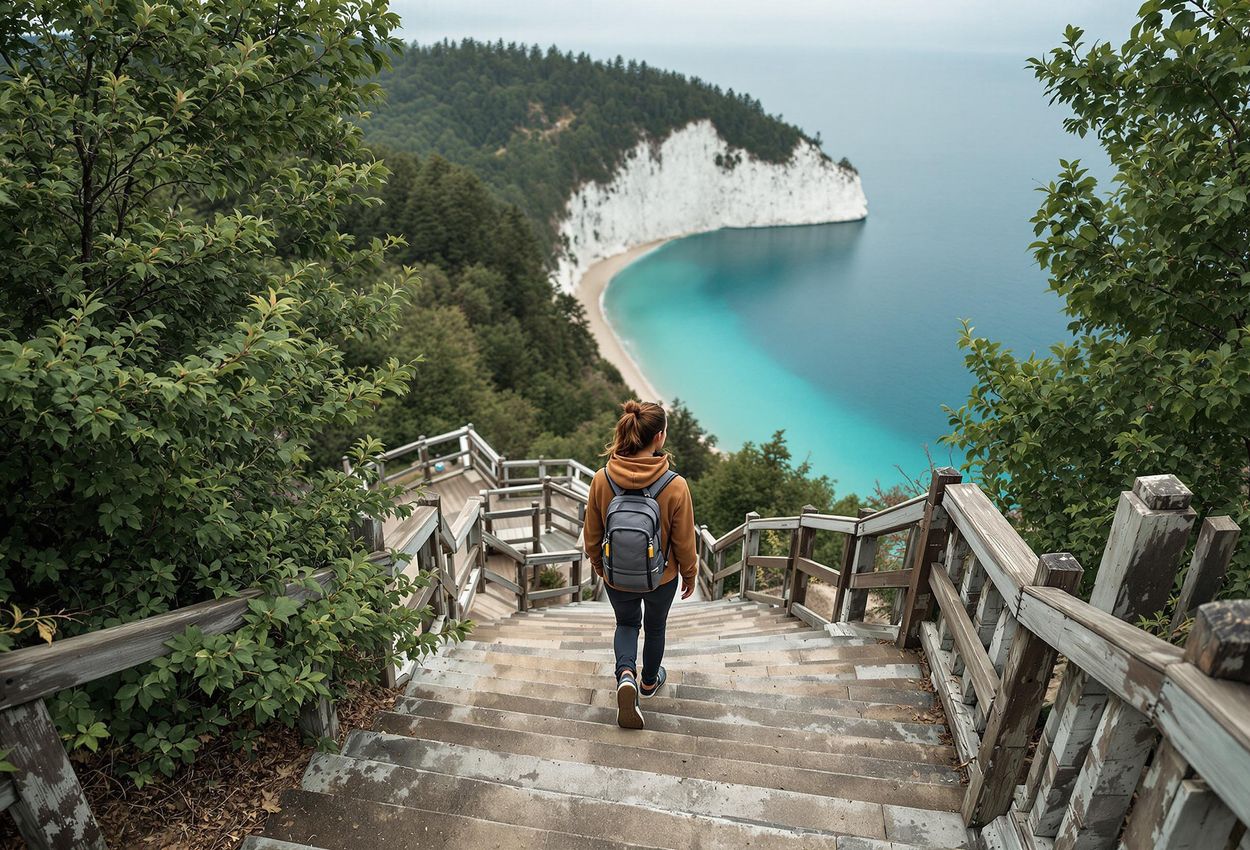 A photograph of a person descending the steep Maglevand stairs towards a secluded beach on Rügen Island, Germany, with chalk cliffs and the Baltic Sea visible in the background.