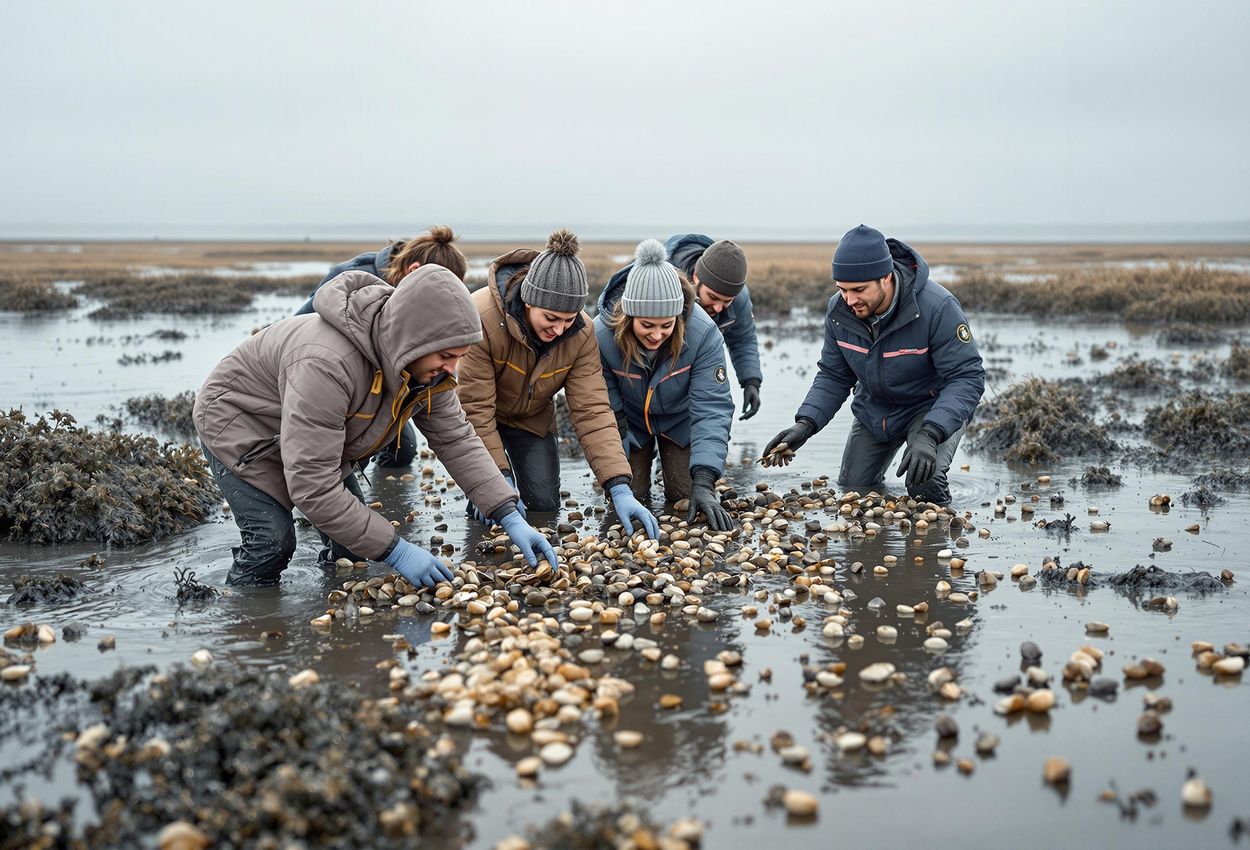 A wide-angle photograph captures a group of people on an oyster tour in the Wadden Sea National Park during winter. The group is wading through shallow water, collecting oysters from the seabed, with tidal flats and an overcast sky in the background.