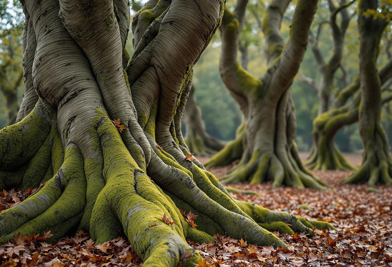 A close-up photograph of the Troll Forest in Denmark, showcasing the intricate details of the gnarled beech trees, moss, and atmospheric lighting.