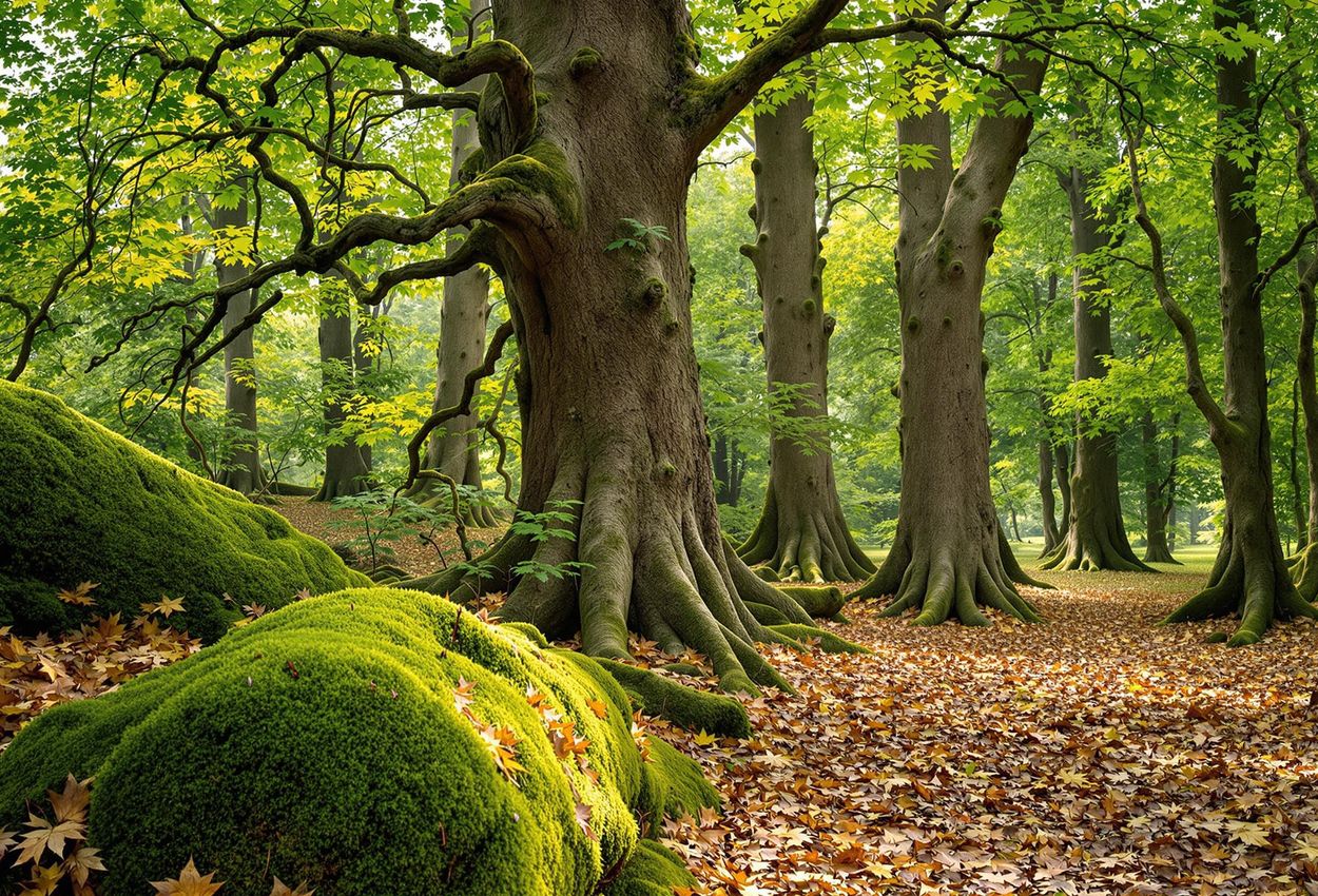 A close-up photograph capturing the serene beauty of an ancient beech forest along the Klintekongens Rige hiking trail in Møns Klint, Denmark. The image showcases the intricate details of the trees, leaves, and forest floor in soft, dappled light.