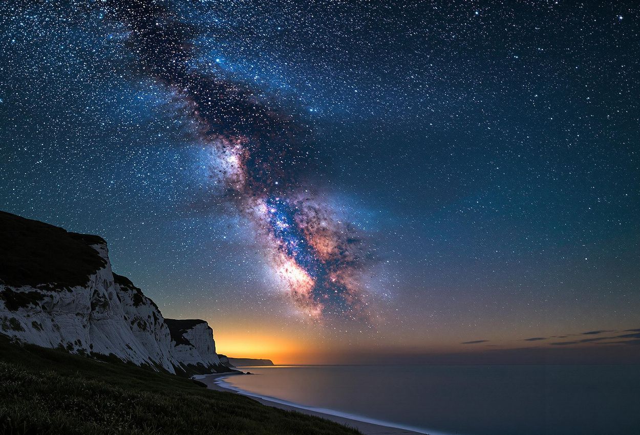 A stunning photograph captures the Milky Way stretching across the night sky above the chalk cliffs of Møns Klint, Denmark, a Dark Sky Park.