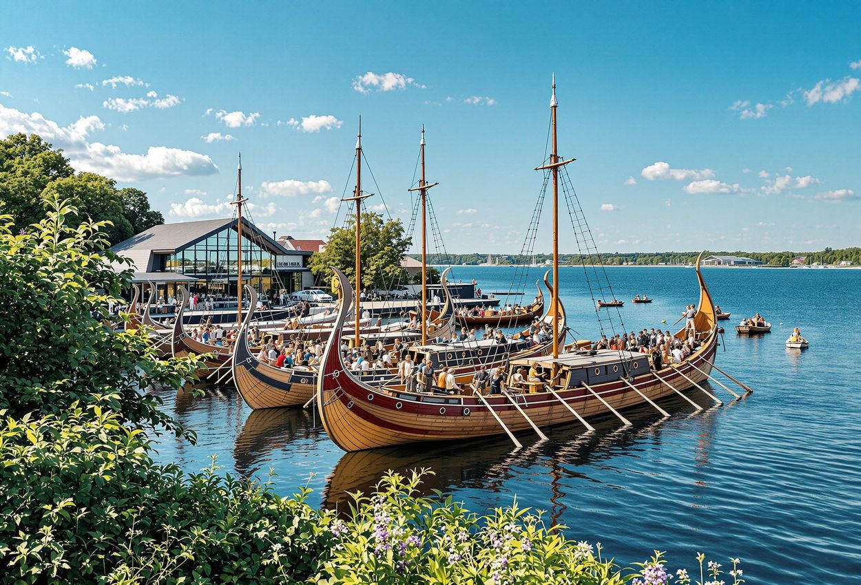 A scenic photograph capturing the Viking Ship Museum in Roskilde, Denmark, showcasing reconstructed Viking ships and historical reenactments on a sunny summer day.