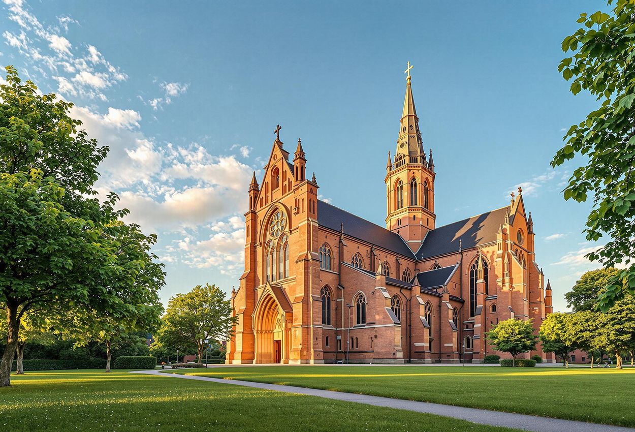A captivating photograph of Roskilde Cathedral during the golden hour, showcasing its stunning Gothic architecture and tranquil surroundings.