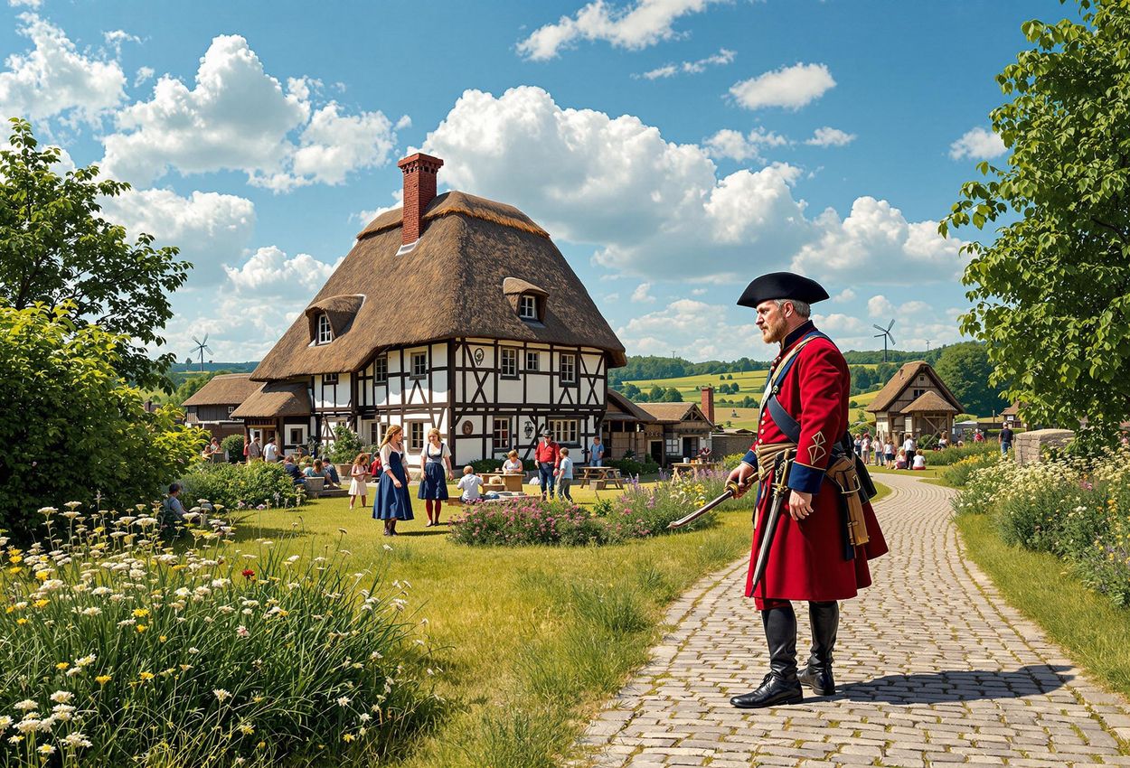 A photograph capturing a vibrant scene from The Funen Village open-air museum, showcasing 19th-century rural life with traditional farmhouses, costumed interpreters, and bustling activity.