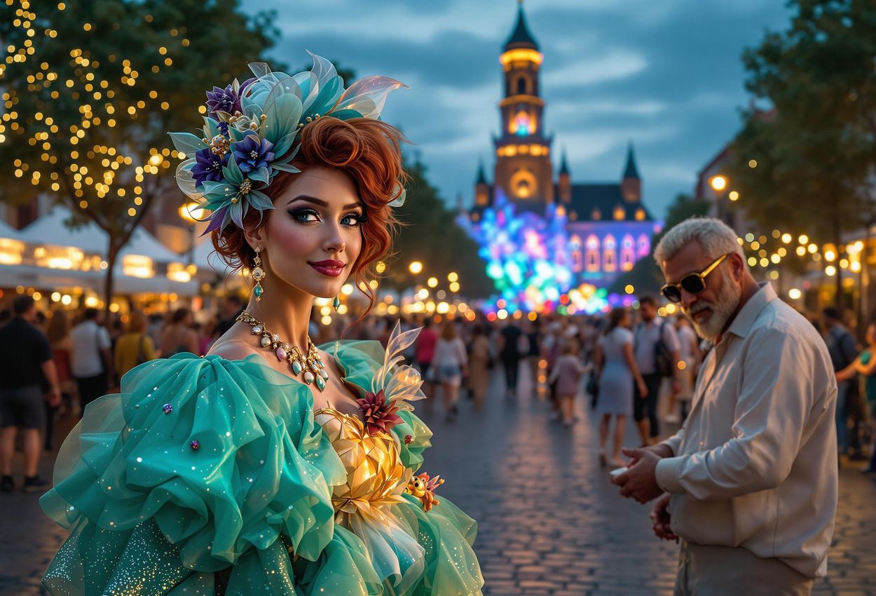 A vibrant photograph captures the Hans Christian Andersen Festival in Odense, Denmark, showcasing street performers, colorful decorations, and enthusiastic crowds amidst the city