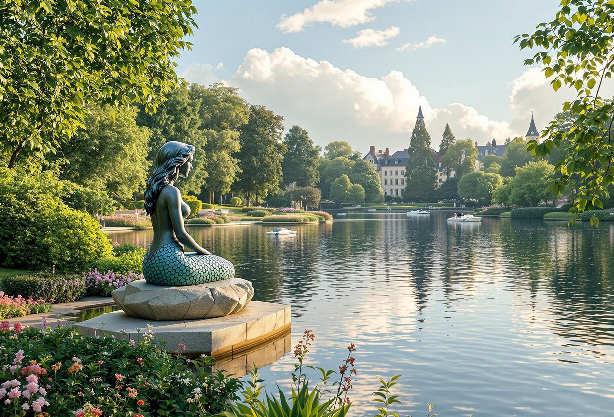 A tranquil photograph capturing the beauty of Munkemose Park in Odense, Denmark, featuring lush greenery, a serene lake, and the iconic Little Mermaid sculpture under soft, diffused light.