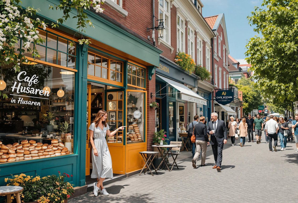 A photograph capturing the vibrant street scene of Haga Nygata in Gothenburg, Sweden, showcasing its colorful wooden buildings, cobblestone streets, and the inviting Café Husaren.
