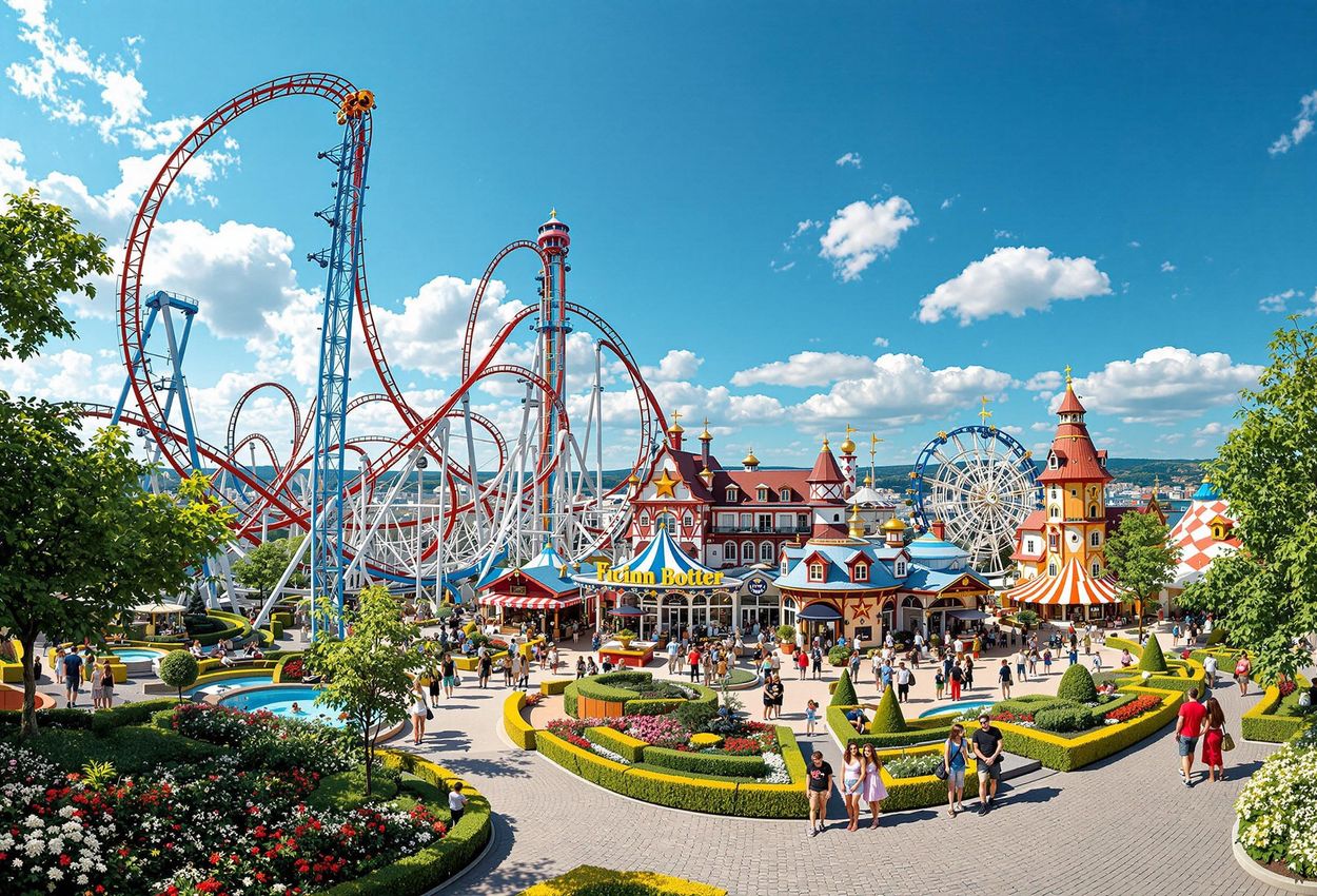 A vibrant photograph capturing the excitement of Liseberg Amusement Park in Gothenburg, Sweden, featuring the iconic Valkyria and Helix roller coasters, joyful park visitors, and the whimsical Grand Curiosa Hotel.