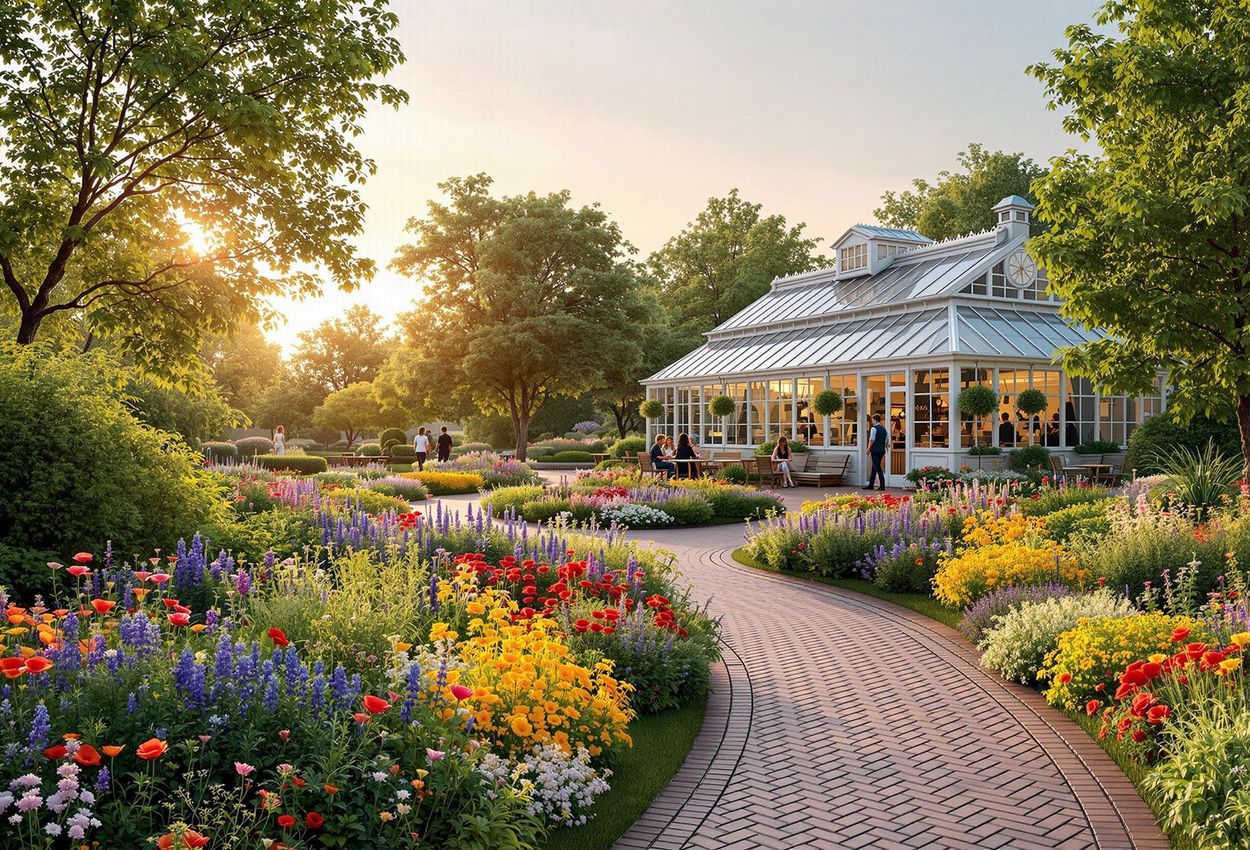 A serene landscape photograph of Rosendal Garden on Djurgården Island, Stockholm, showcasing vibrant wildflowers, cultivated plants, and the greenhouse cafe during golden hour.