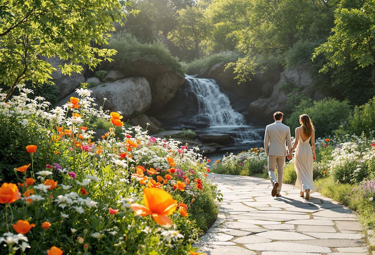 A serene photograph capturing the beauty of the Rock Garden in Gothenburg Botanical Garden, featuring alpine plants, a cascading waterfall, and people enjoying the peaceful atmosphere.