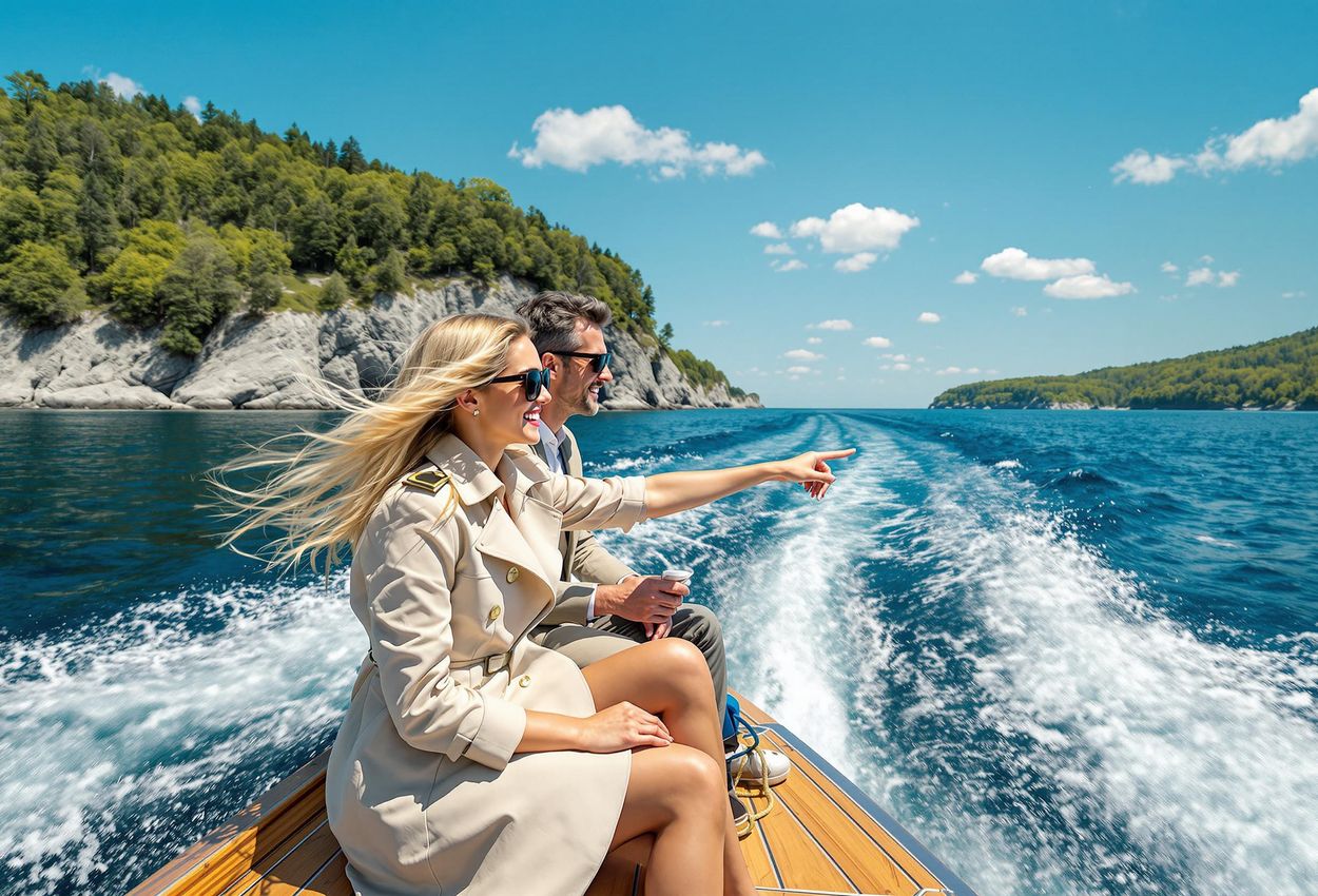 A scenic photograph capturing a boat tour through the stunning Stockholm Archipelago, showcasing the natural beauty of the islands and the crystal-clear waters on a bright spring day.