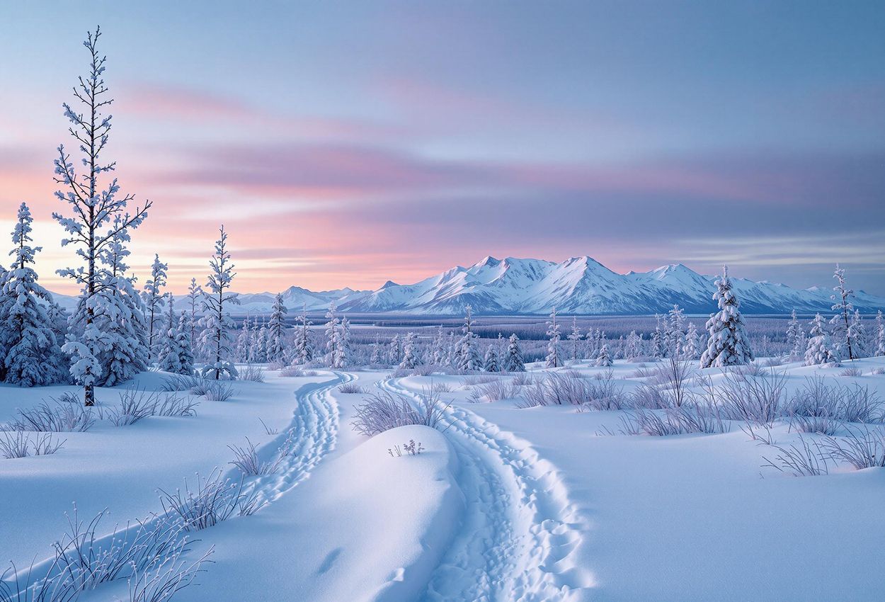 A scenic photograph of Abisko National Park in winter, featuring the Lapporten mountains under a pastel-colored twilight sky and a snow-covered trail leading into the vast Arctic wilderness.