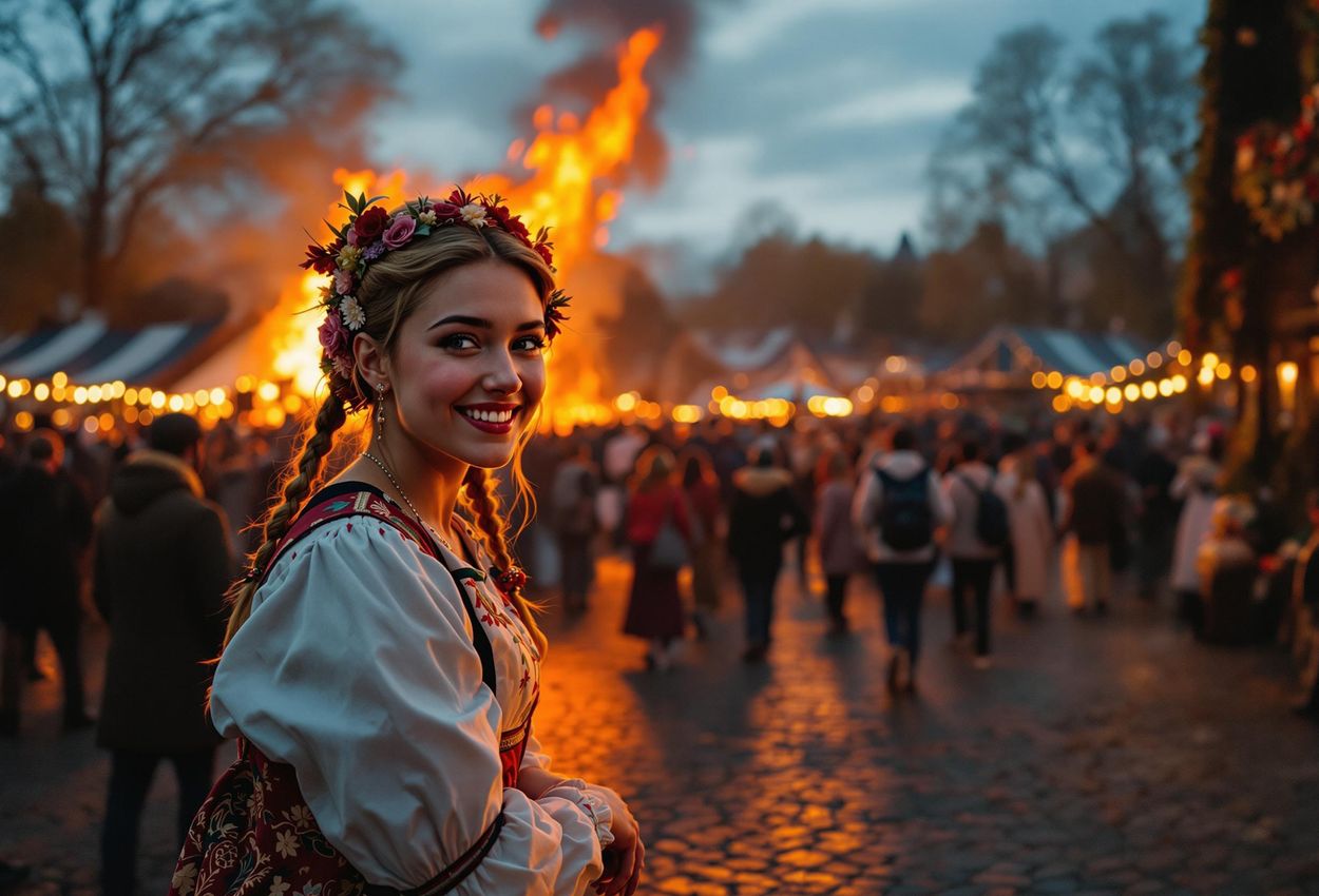 A photograph capturing the vibrant Valborg celebration at Skansen, Stockholm, featuring a large bonfire, jubilant crowds, and costumed interpreters demonstrating historical crafts.
