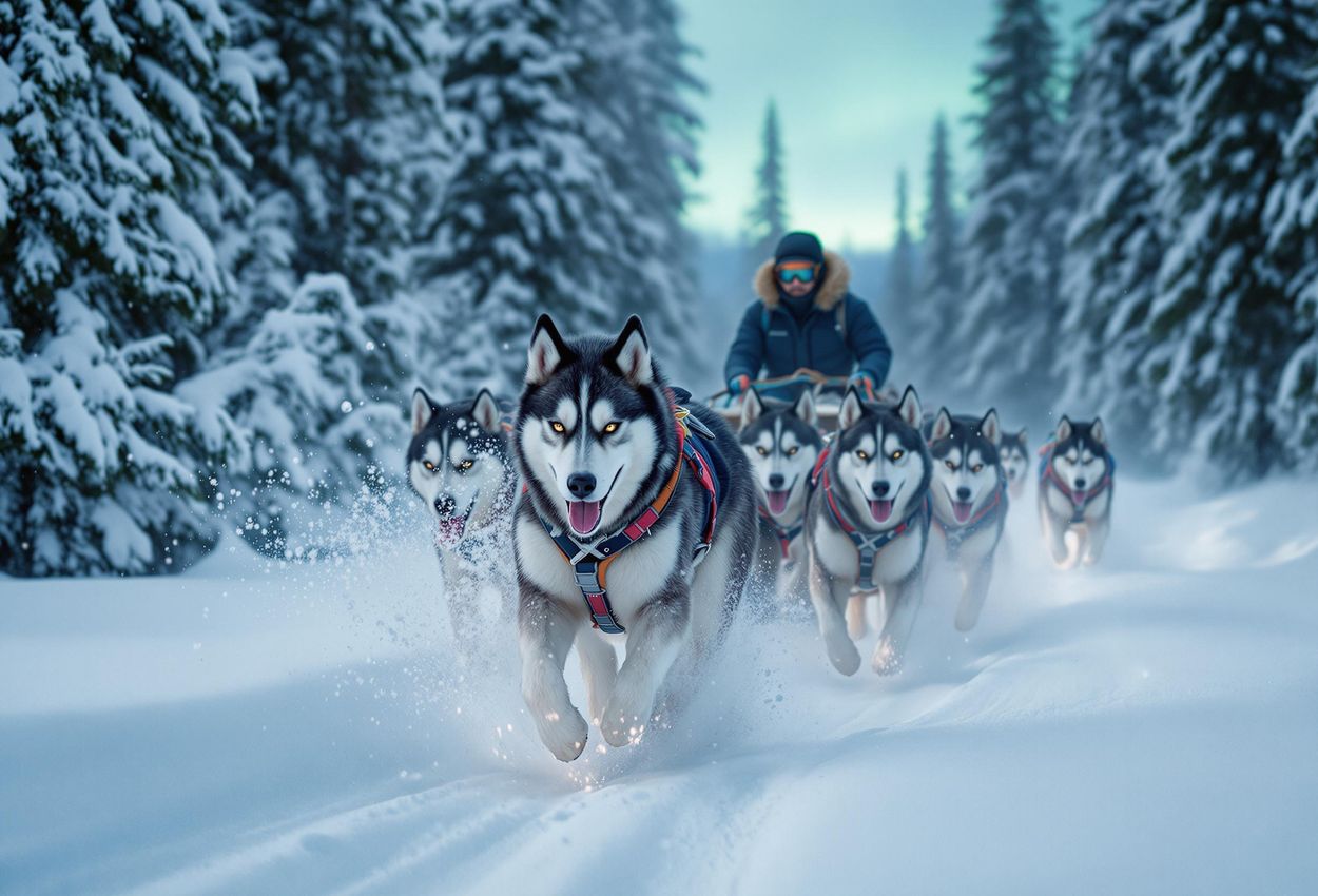 A close-up photograph capturing the thrilling action of a dog sled team racing through a snow-covered forest in Abisko National Park, with the Northern Lights faintly visible in the background.