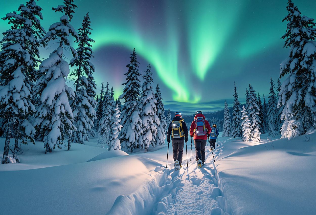 A group of snowshoers trek through a snow-covered forest in Abisko National Park under the vibrant Northern Lights. The image captures the beauty and serenity of the Arctic wilderness.