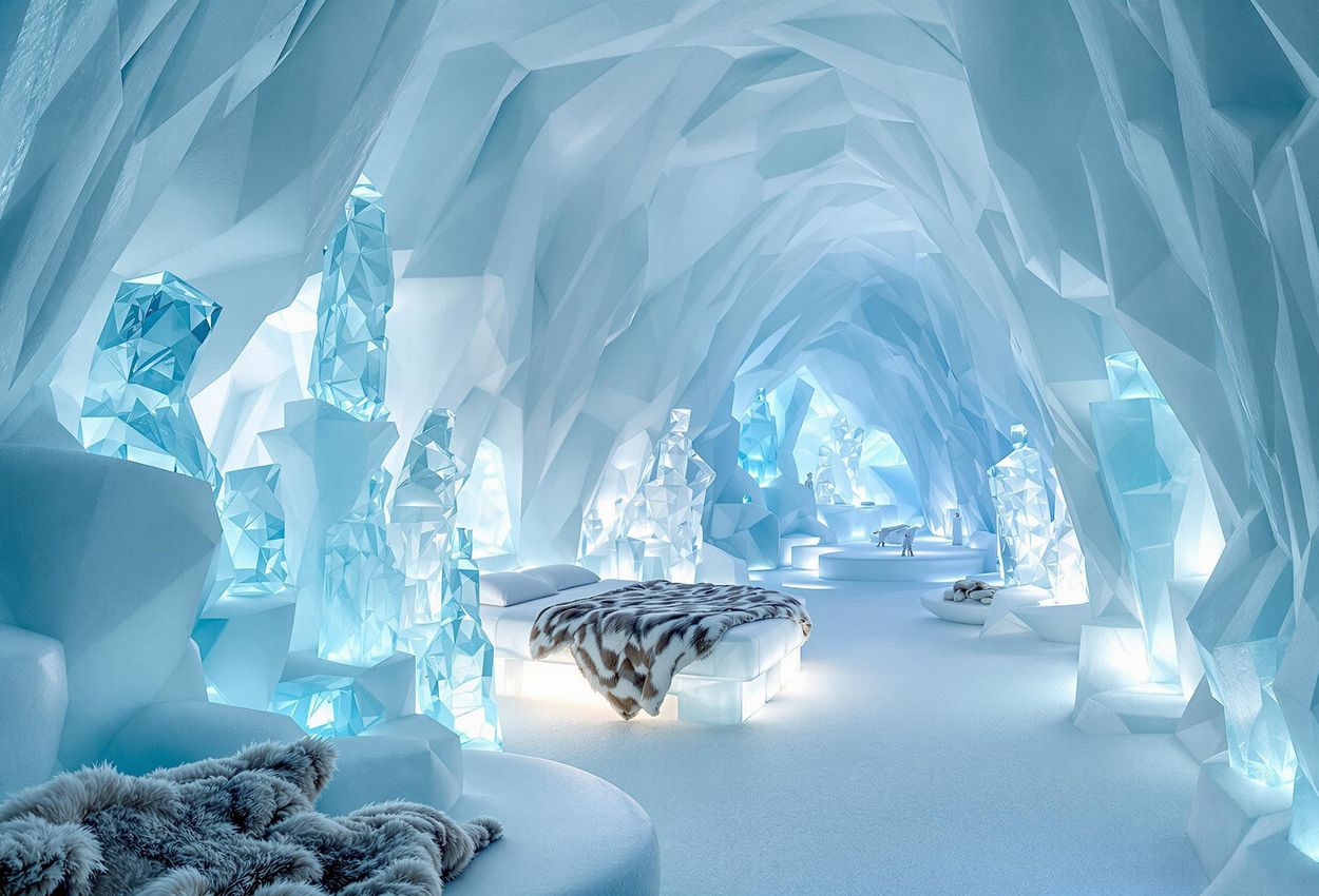 Interior view of a stunning art suite at the Icehotel in Jukkasjärvi, Sweden, featuring intricate ice sculptures and a magical atmosphere.