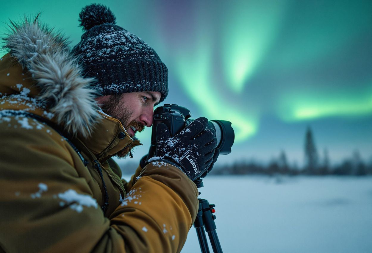 A photographer braves the cold near Fairbanks, Alaska, to capture the stunning beauty of the Northern Lights with professional equipment and techniques.