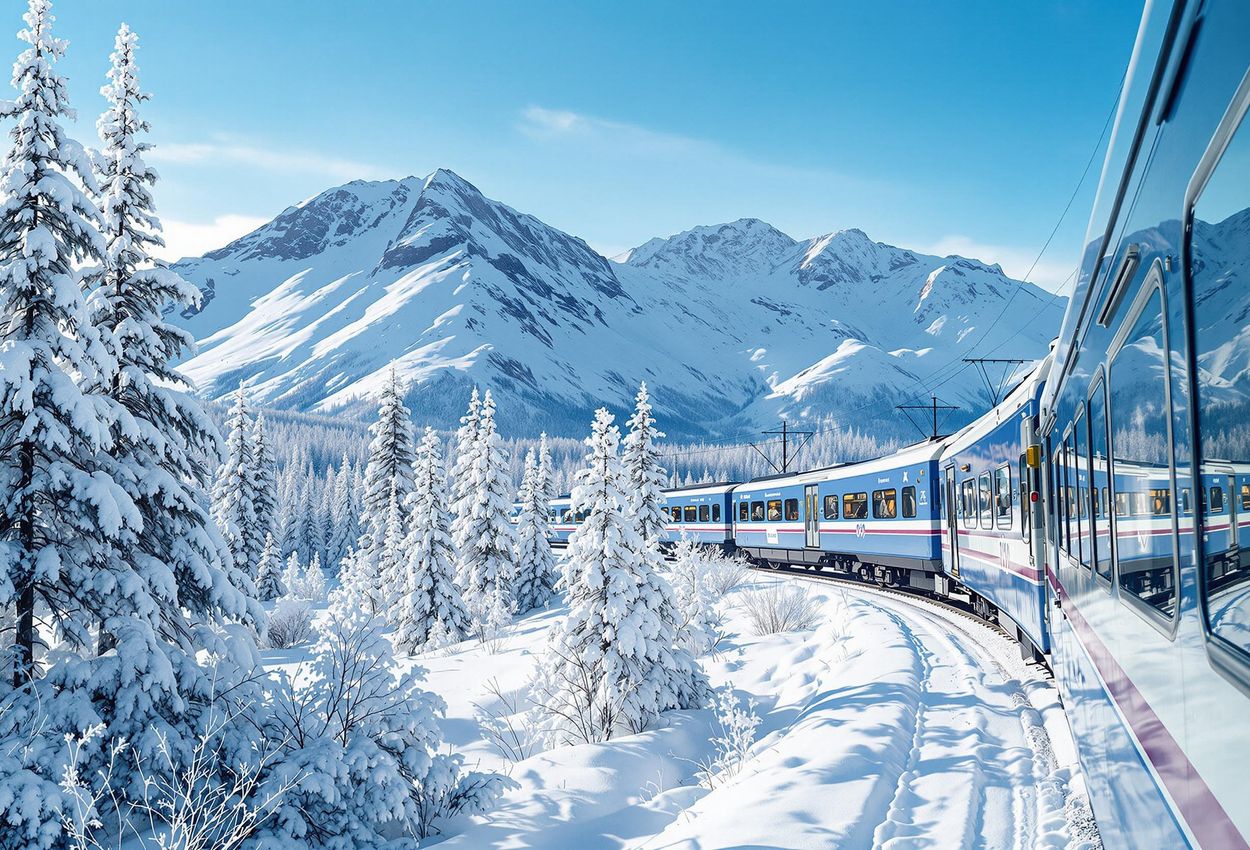 A stunning photograph of a train traveling through a snow-covered landscape en route to Abisko, Sweden, showcasing the beauty of Arctic travel.