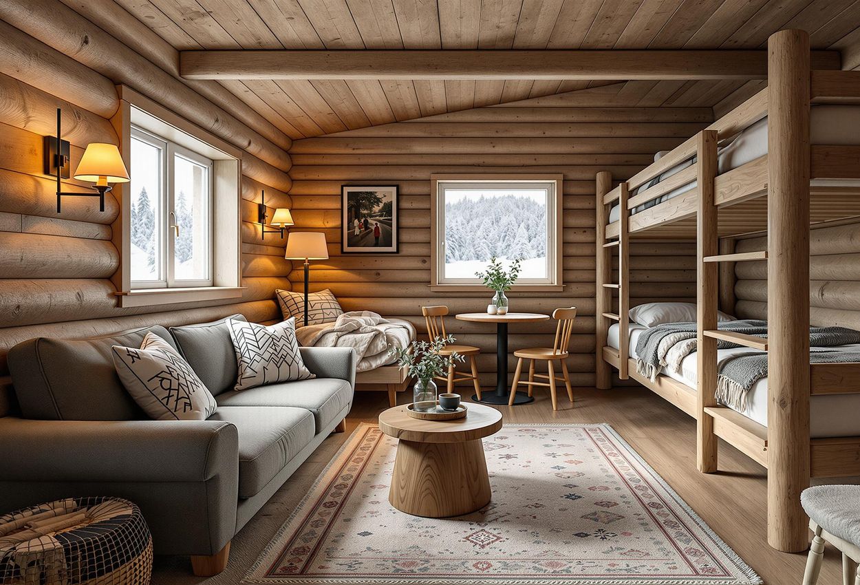 A warm and inviting interior shot of a rustic cabin at Abisko Turiststation, featuring wooden furniture, soft lighting, and a glimpse of the snowy landscape outside.