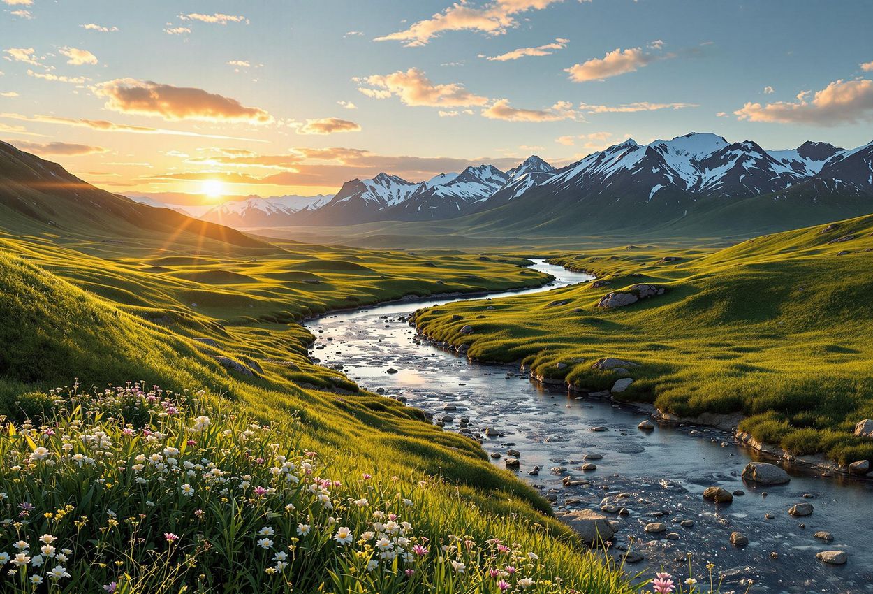 A wide, scenic photograph of Swedish Lapland under the Midnight Sun, featuring rolling hills, a winding river, and snow-capped mountains bathed in warm, golden light.