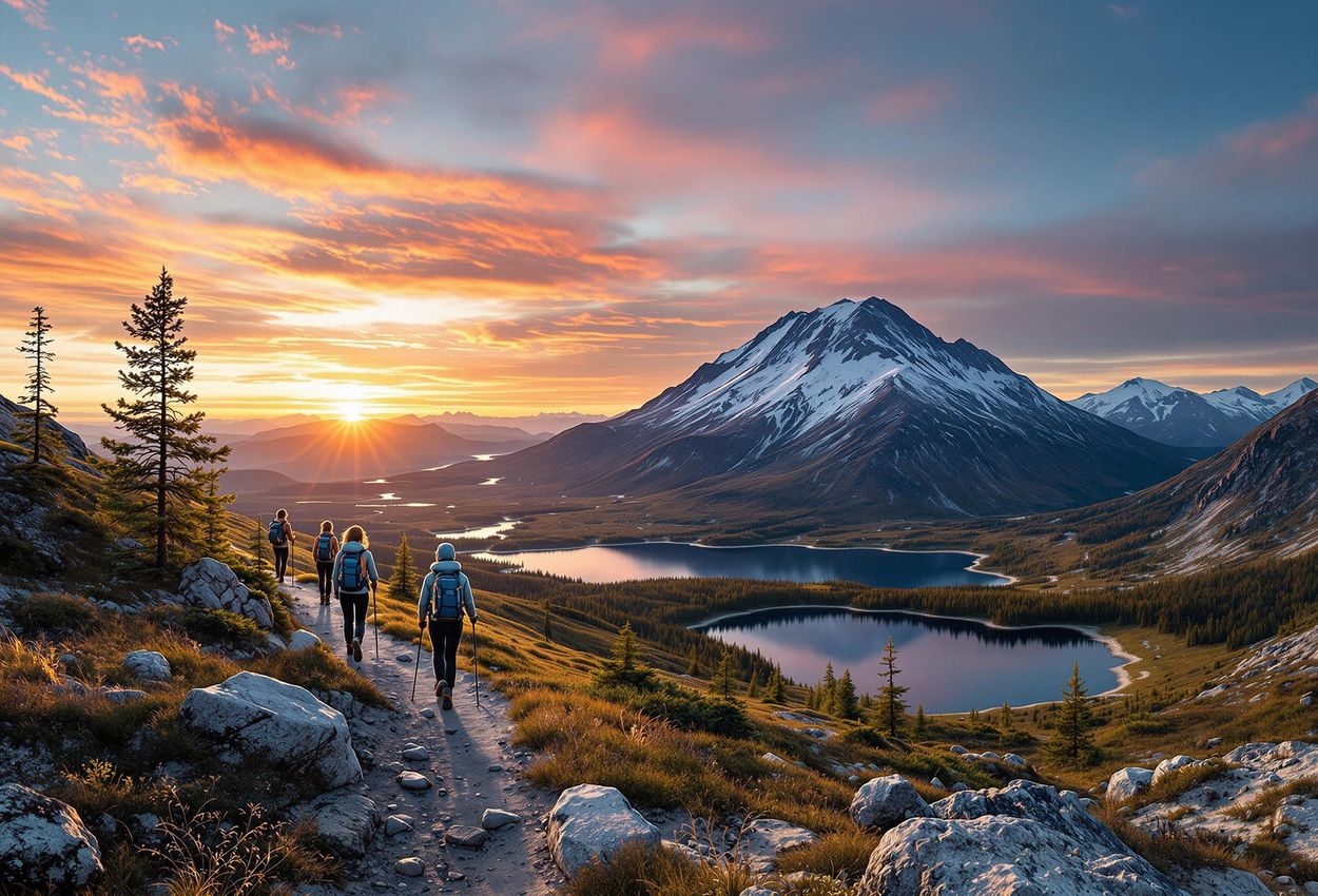 A panoramic photograph captures a group of hikers silhouetted against the stunning alpine landscape of Abisko National Park during the Midnight Sun, with Mount Nuolja in the distance bathed in the warm glow of the sun.