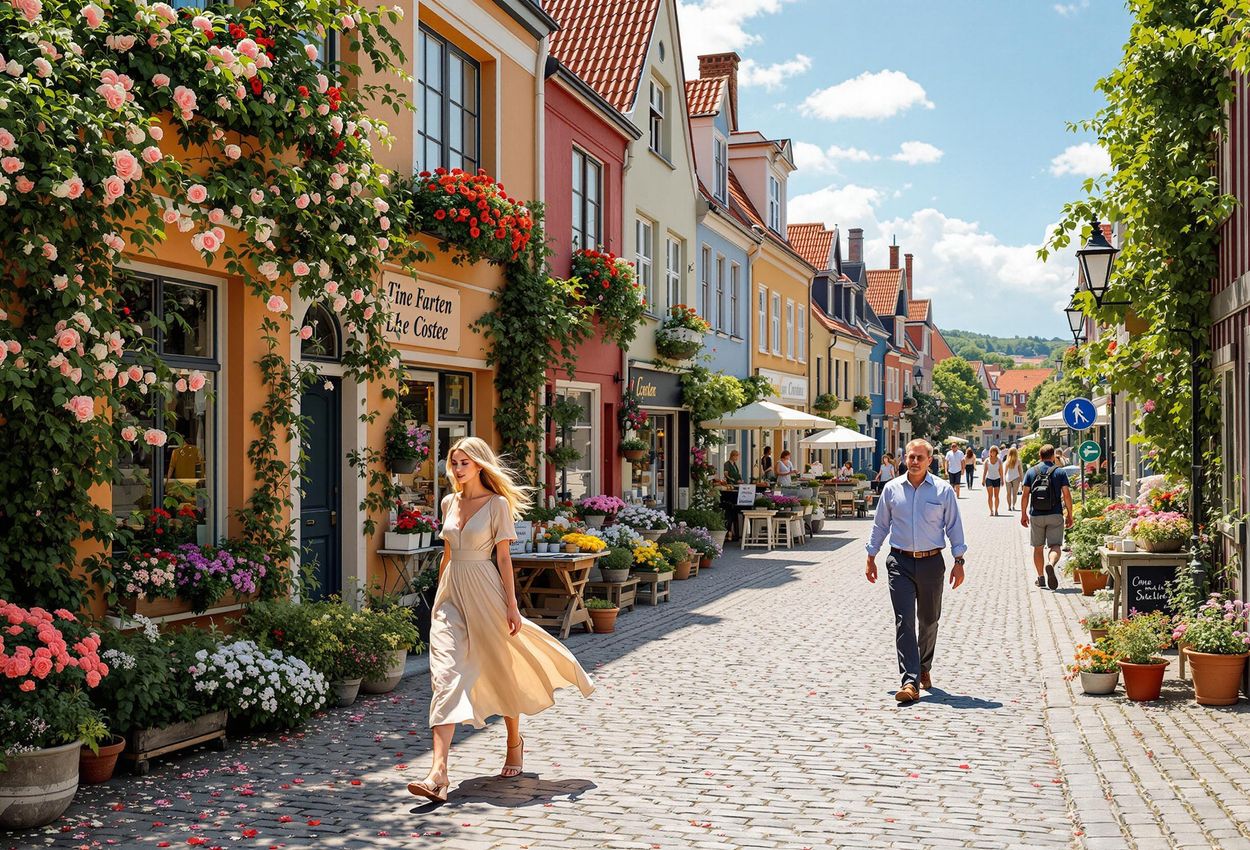 A photograph of a cobblestone street in Visby, Sweden, lined with colorful medieval buildings adorned with flowers. People stroll along the street, enjoying the vibrant atmosphere.