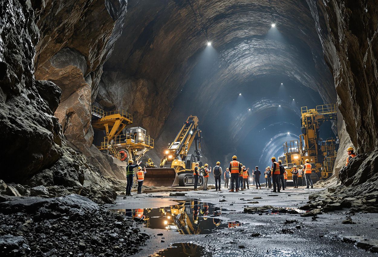 A captivating photograph of the LKAB iron mine interior in Kiruna, Sweden, showcasing the immense scale of the underground mining operation and the impressive machinery used in the process.