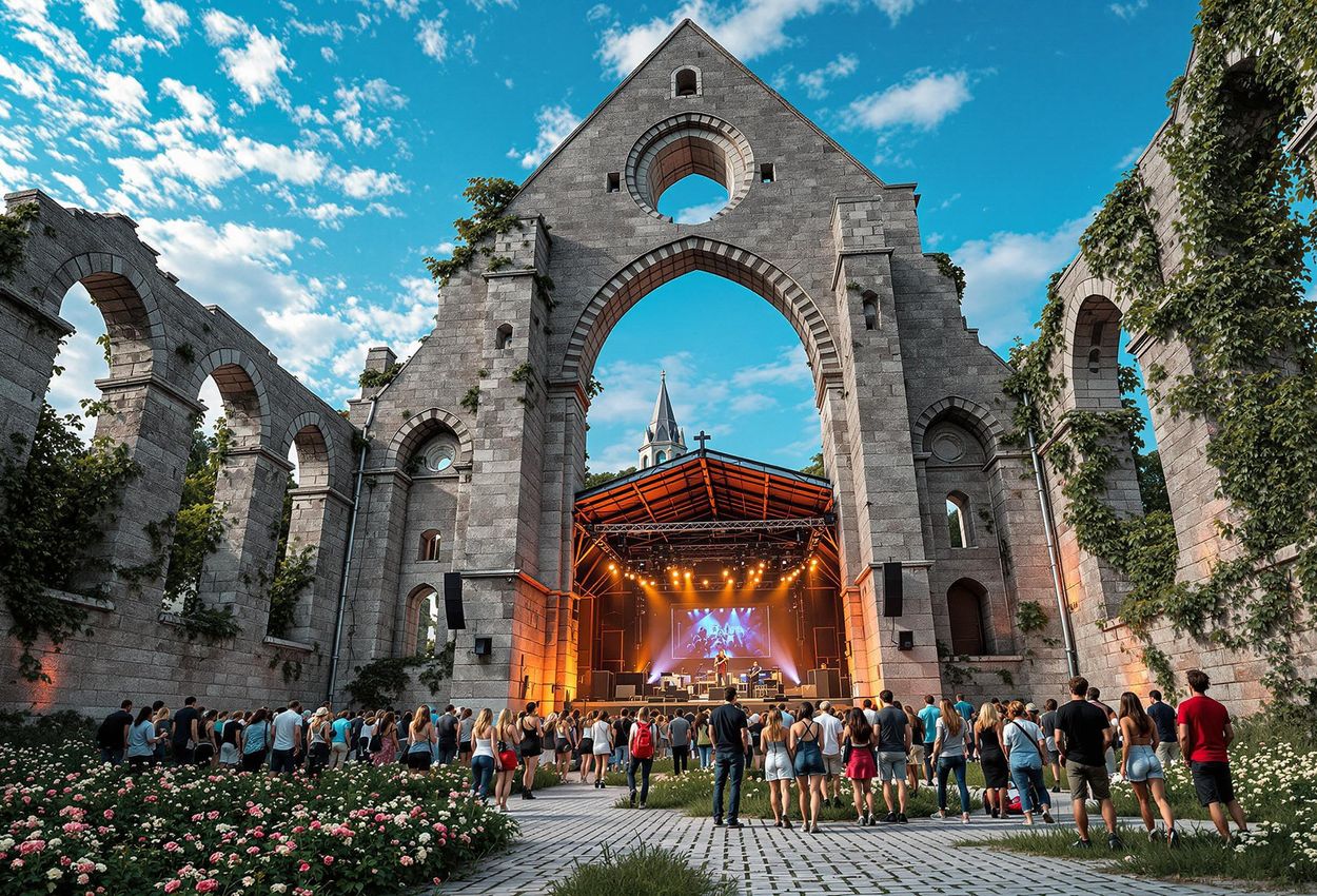 A photograph capturing a modern concert within the historic St. Nicolai church ruins in Visby, Sweden, blending cultural vibrancy with ancient architecture.