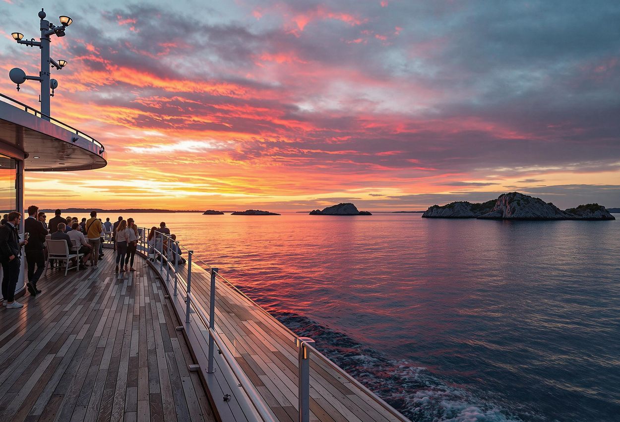 Sunset Ferry Ride Through Gothenburg Archipelago, Sweden A serene photograph capturing a sunset ferry journey through the Gothenburg archipelago, showcasing the vibrant colors of the sky reflecting on the calm waters and silhouetted islands.