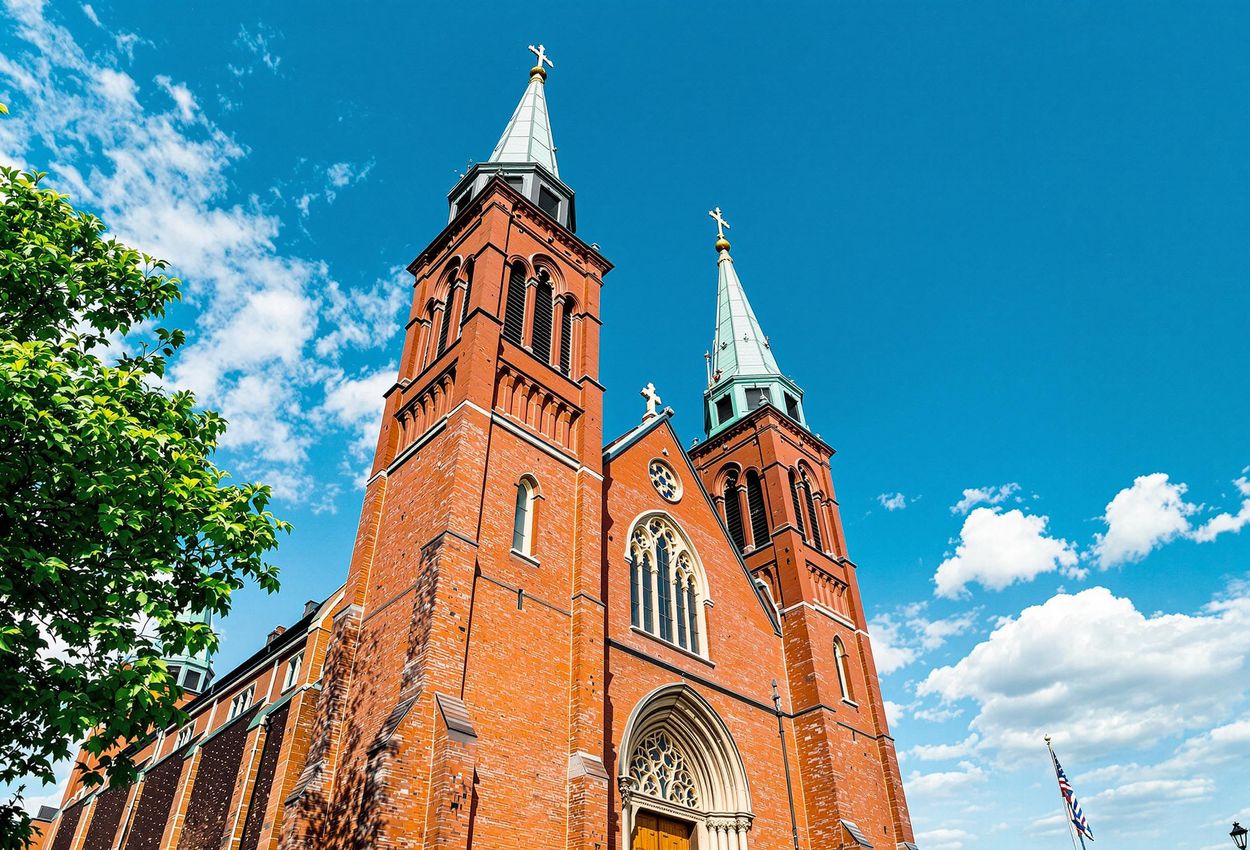 A close-up photograph of Sankta Maria Cathedral in Visby, Sweden, showcasing its intricate brickwork and architectural details under a sunny sky. A few people are entering the cathedral.