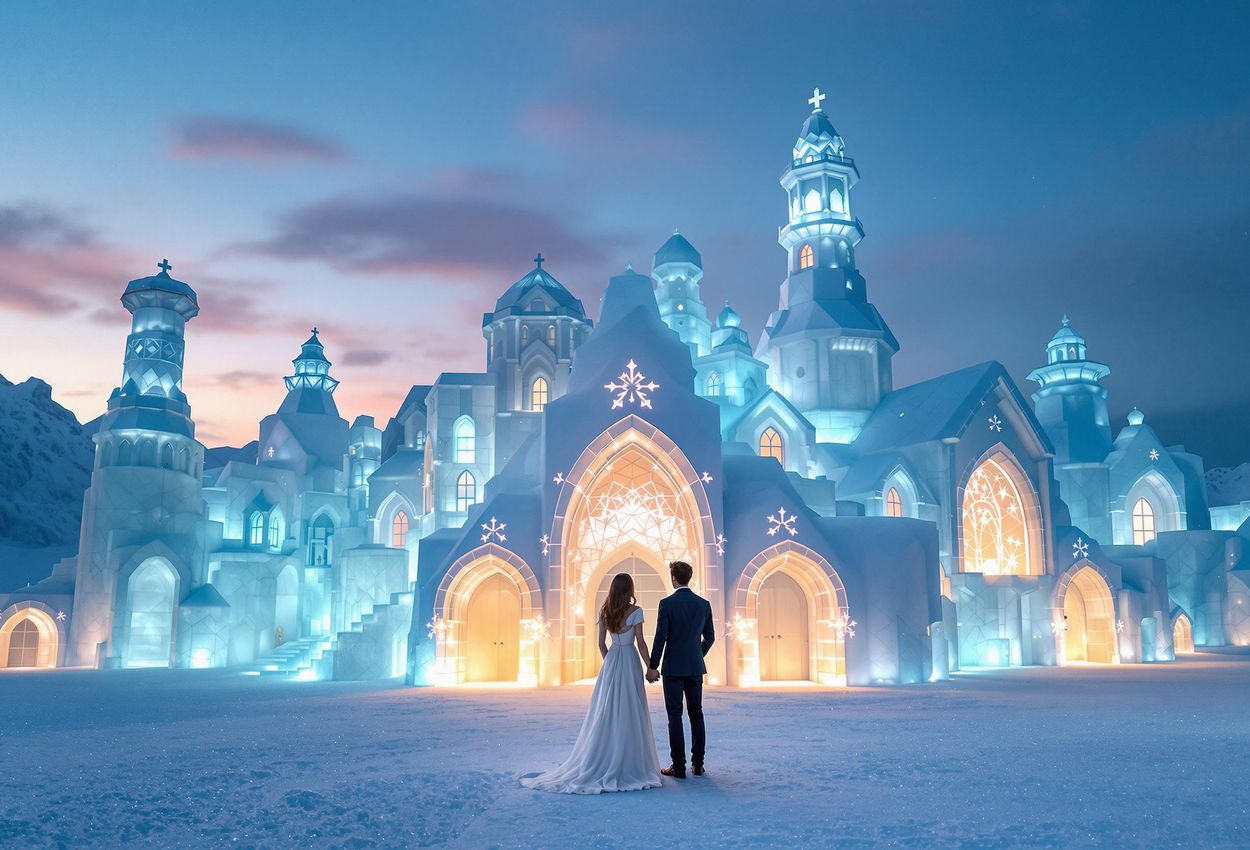 A stunning photograph of Icehotel 365 at night, bathed in the soft light of the Midnight Sun. A couple gazes in wonder at the intricate ice architecture, capturing a moment of romantic escapism in Swedish Lapland.