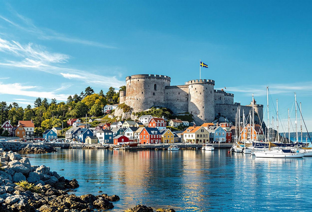 Marstrand Harbor and Carlstens Fortress, Sweden A scenic view of Marstrand harbor in Sweden, featuring the historic Carlstens Fortress perched atop the island, with colorful wooden houses and sailboats dotting the harbor below.