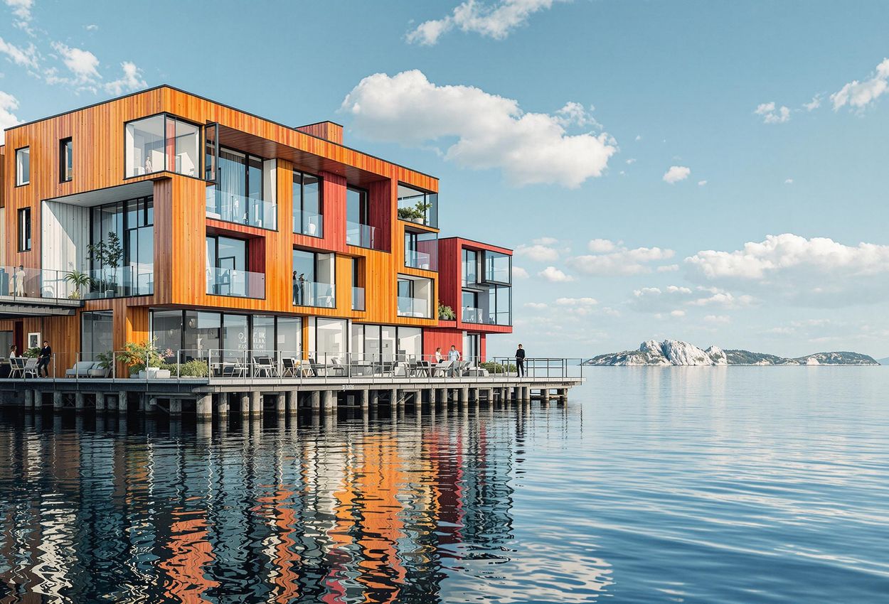 Salt & Sill Floating Hotel, Klädesholmen - Coastal Architecture A close-up photograph of the Salt & Sill floating hotel in Klädesholmen, Sweden, showcasing its unique architecture and integration with the surrounding sea. The colorful facade reflects in the calm water, highlighting the island