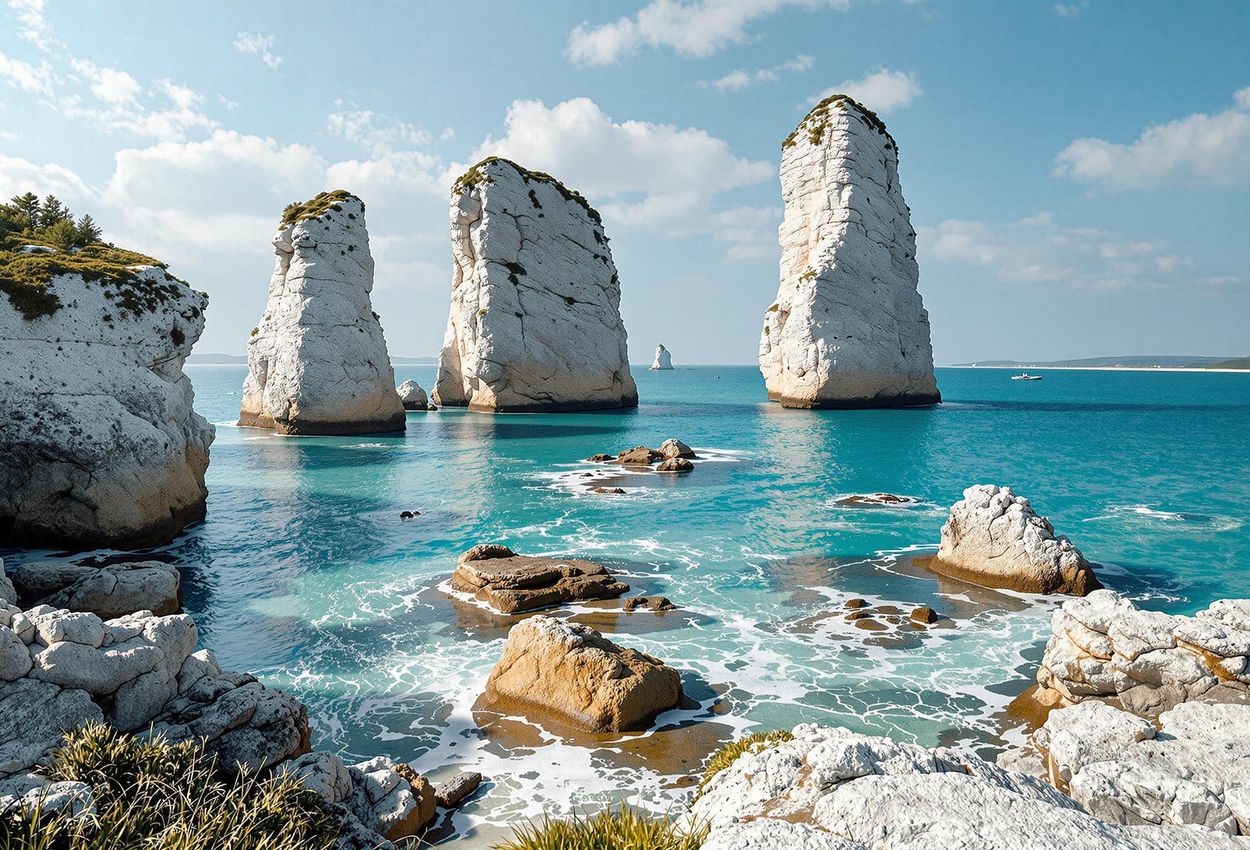 A stunning photograph of the Folhammar raukar formations on Gotland, Sweden. Towering limestone pillars rise from the turquoise sea under a partly cloudy sky, creating a dramatic and otherworldly scene.