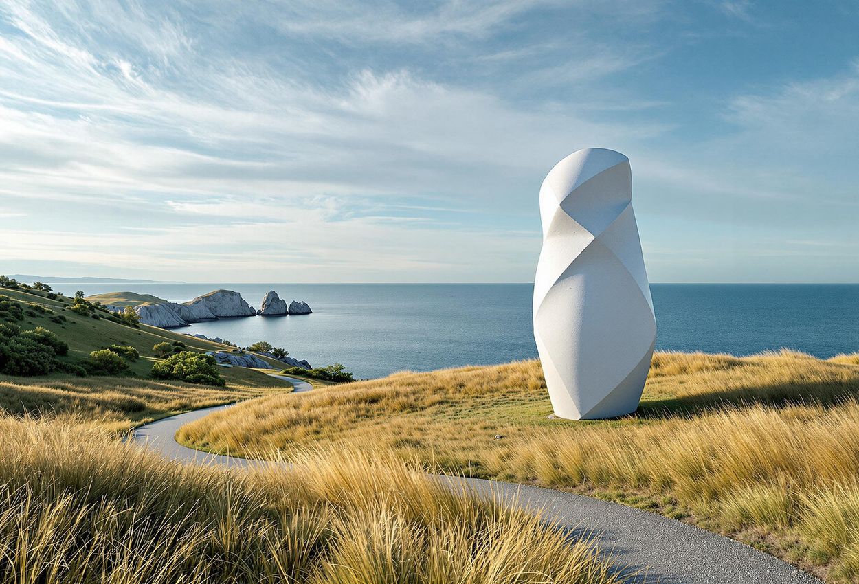 Pilane Sculpture Park, Tjörn Island: Coastal Art and Nature A stunning landscape photograph of Pilane Sculpture Park on Tjörn Island, Sweden, featuring a contemporary white sculpture set against the backdrop of the Baltic Sea and rolling hills.