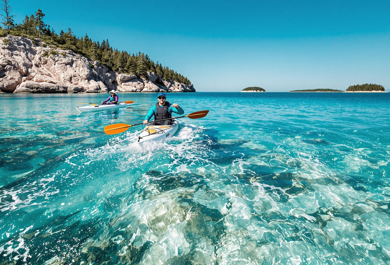 Kayaking Adventure in Bohuslän Archipelago, Sweden A stunning photograph capturing kayakers paddling through the clear waters of the Bohuslän archipelago, showcasing the natural beauty and serenity of the Swedish coastline.