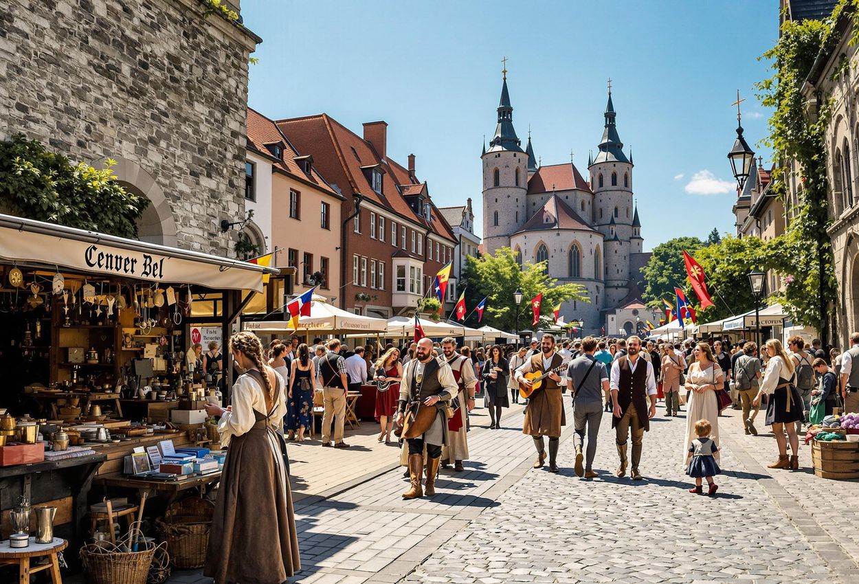A vibrant photograph capturing the lively atmosphere of Medieval Week in Visby, Sweden, with people in period costumes, handmade crafts, and historical reenactments.