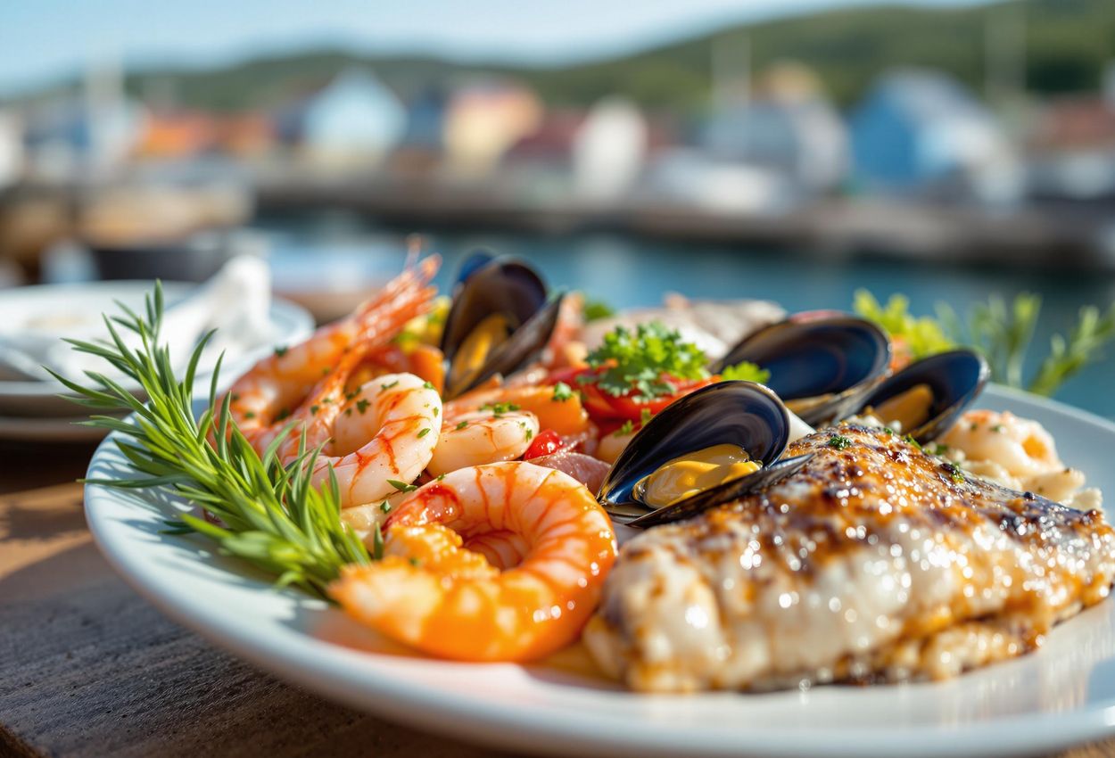 Fresh Seafood Plate at Musselbaren, Smögen - Culinary Delights of Bohuslän A close-up photograph of a vibrant plate of fresh seafood at Musselbaren in Smögen, Sweden, showcasing the region