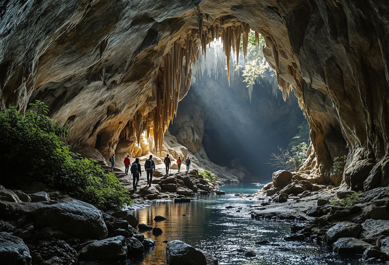 A captivating photograph capturing the interior of Lummelunda Cave in Gotland, Sweden, showcasing its stunning stalactites, stalagmites, and underground river with guided tour.