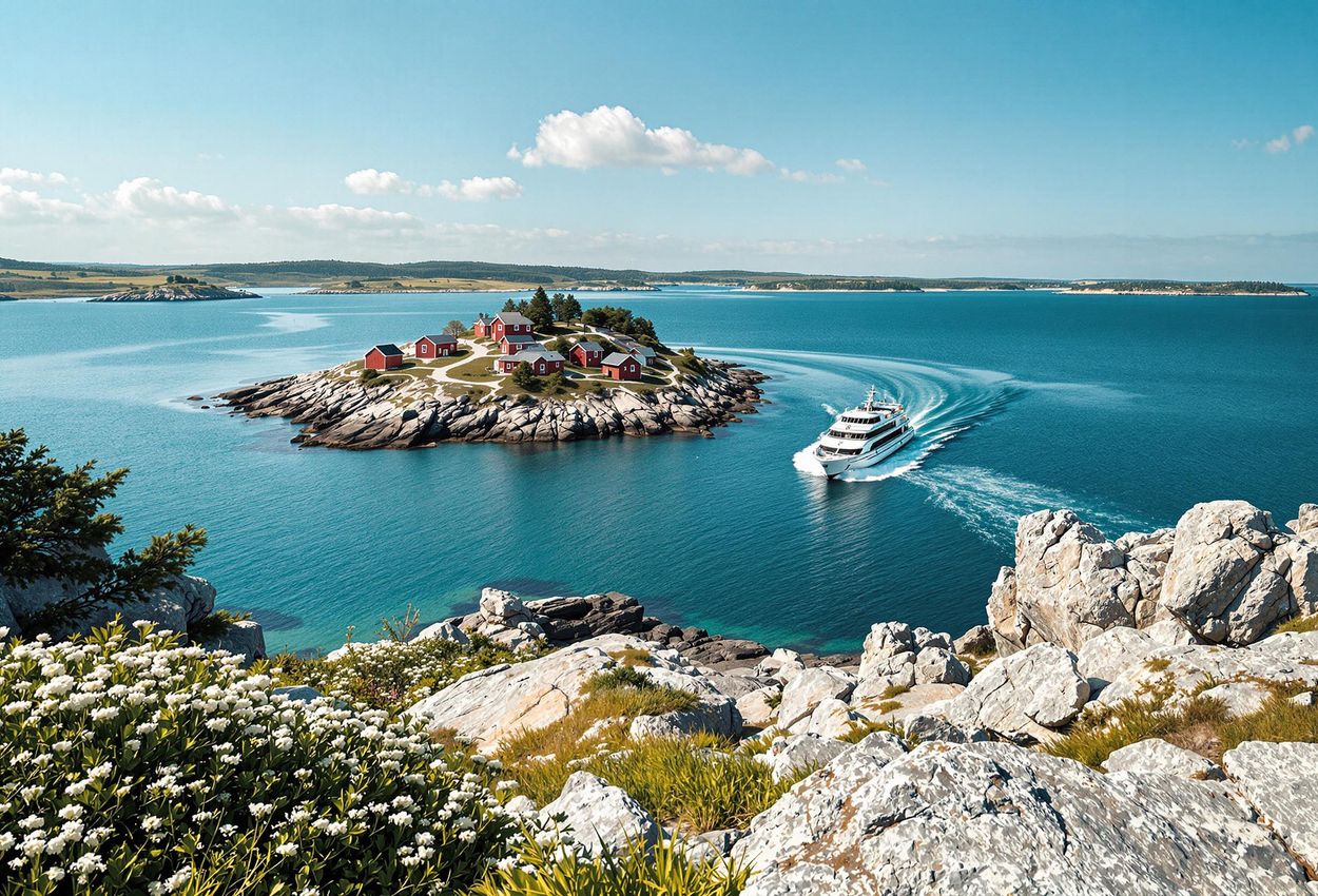 Ferry Approaching Island in Bohuslän Archipelago, Sweden A scenic photograph of a ferry connecting a small island in the Bohuslän archipelago, Sweden, capturing the essence of island life and peaceful travel.