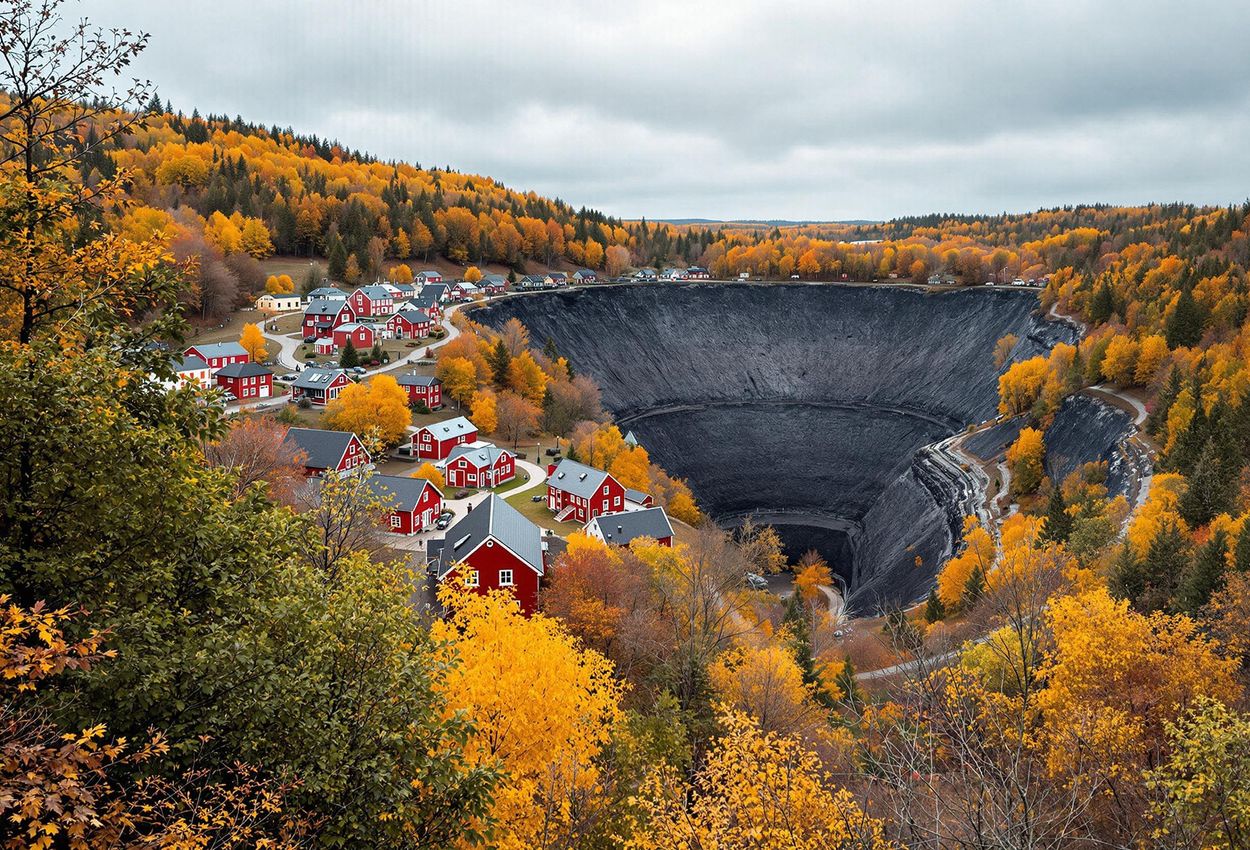 Autumn in Falun: Exploring Sweden A landscape photograph capturing the vibrant autumn colors of Falun, Sweden, showcasing the iconic red wooden buildings and the historic Falun Copper Mine.